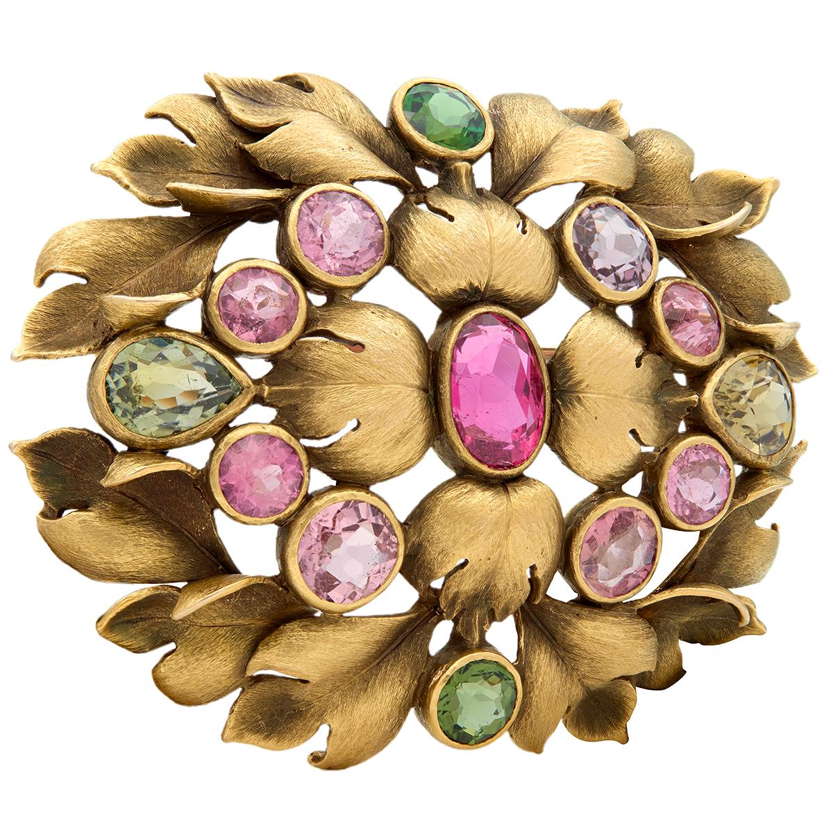 Arts & Crafts Multi-Gem Tourmalines 14 Karat Yellow Gold Foliate Antique Brooch