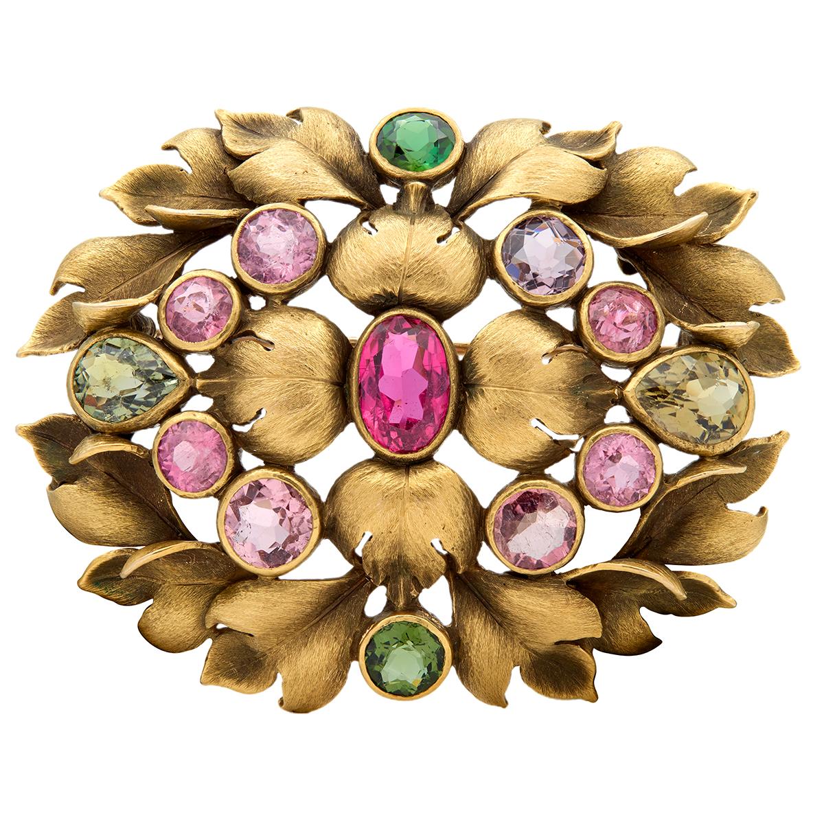 Arts & Crafts Multi-Gem Tourmalines 14 Karat Yellow Gold Foliate Antique Brooch