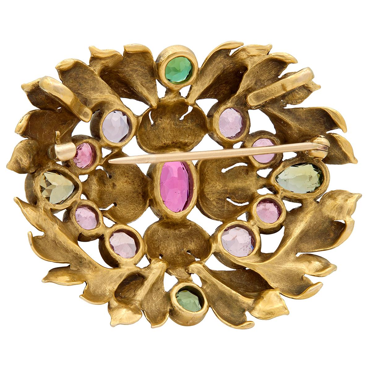 Arts & Crafts Multi-Gem Tourmalines 14 Karat Yellow Gold Foliate Antique Brooch
