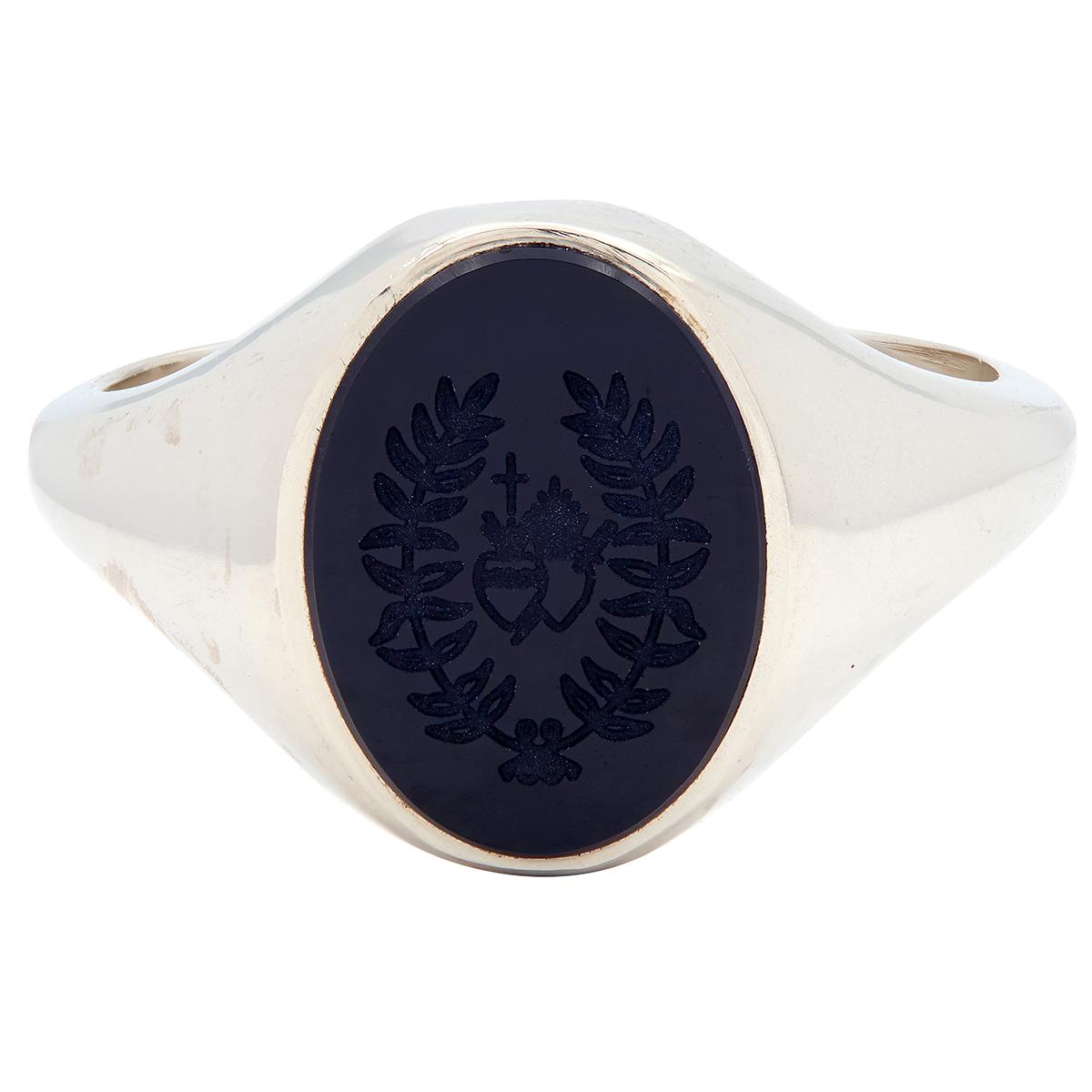 Onyx 14 Karat White Gold Double Novena Heart Unisex Intaglio Signet Ring