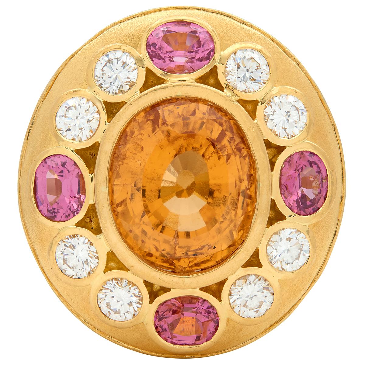 Crevoshay 14.13 CTW Hessonite Spinel Diamond 18K Gold Cluster Contemporary Ring