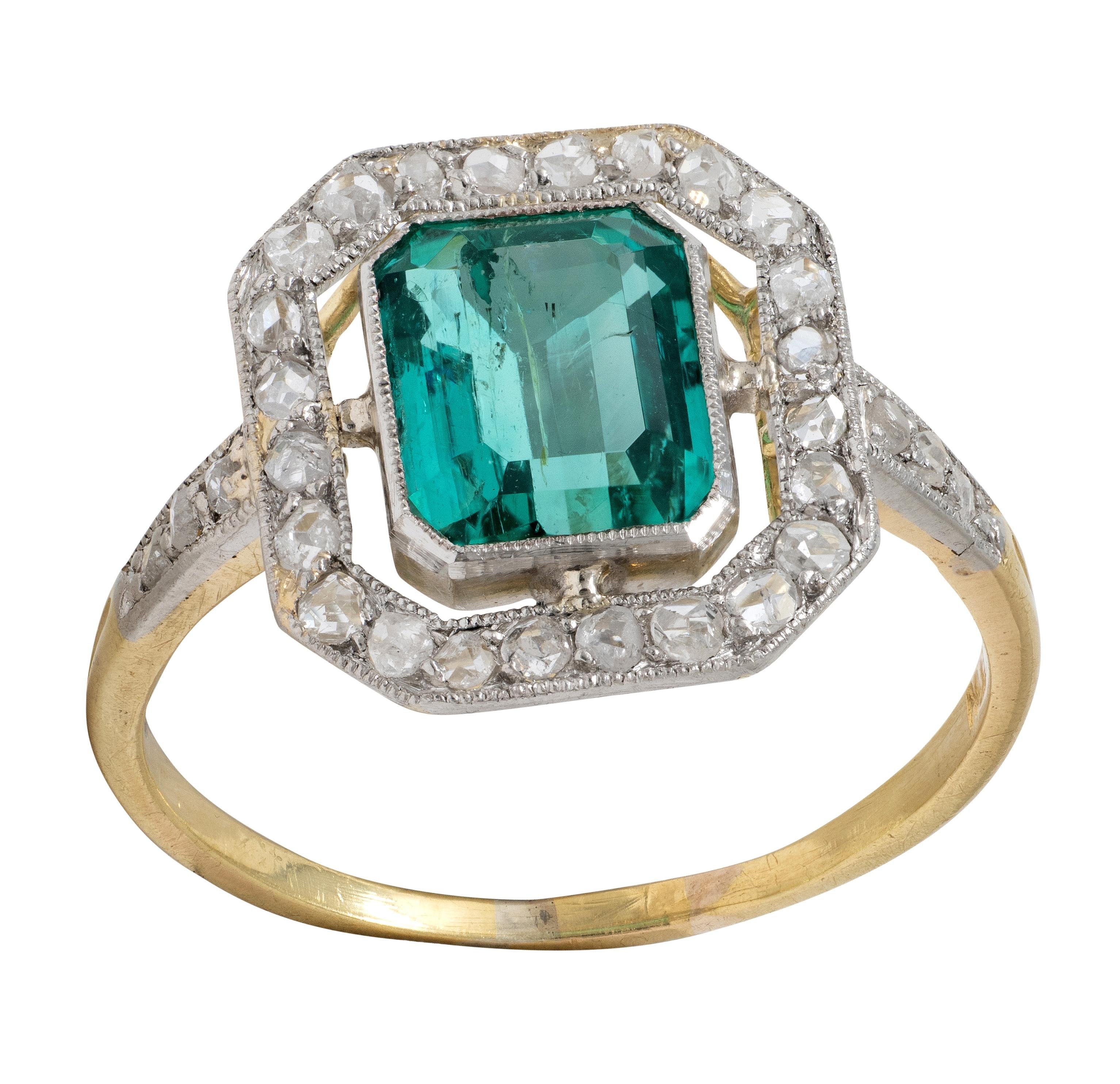 Art Deco 1.67 CTW Colombian Emerald Diamond Platinum 18K Gold Antique Ring GIA