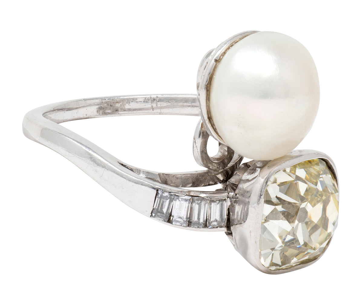 Mid-Century 3.52 CTW Diamond Natural Pearl Platinum Toi-Et-Moi Vintage Ring GIA