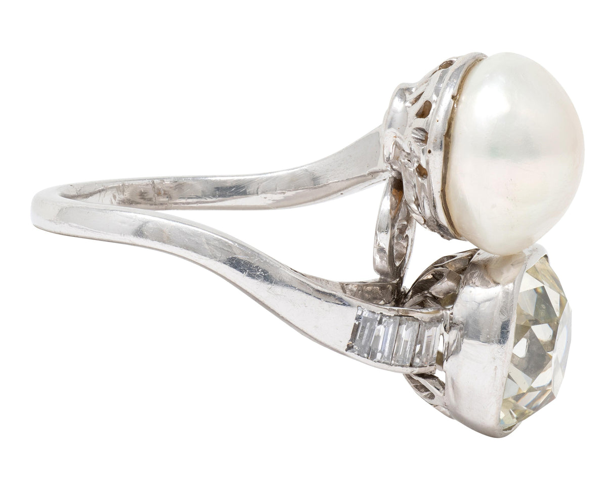 Mid-Century 3.52 CTW Diamond Natural Pearl Platinum Toi-Et-Moi Vintage Ring GIA
