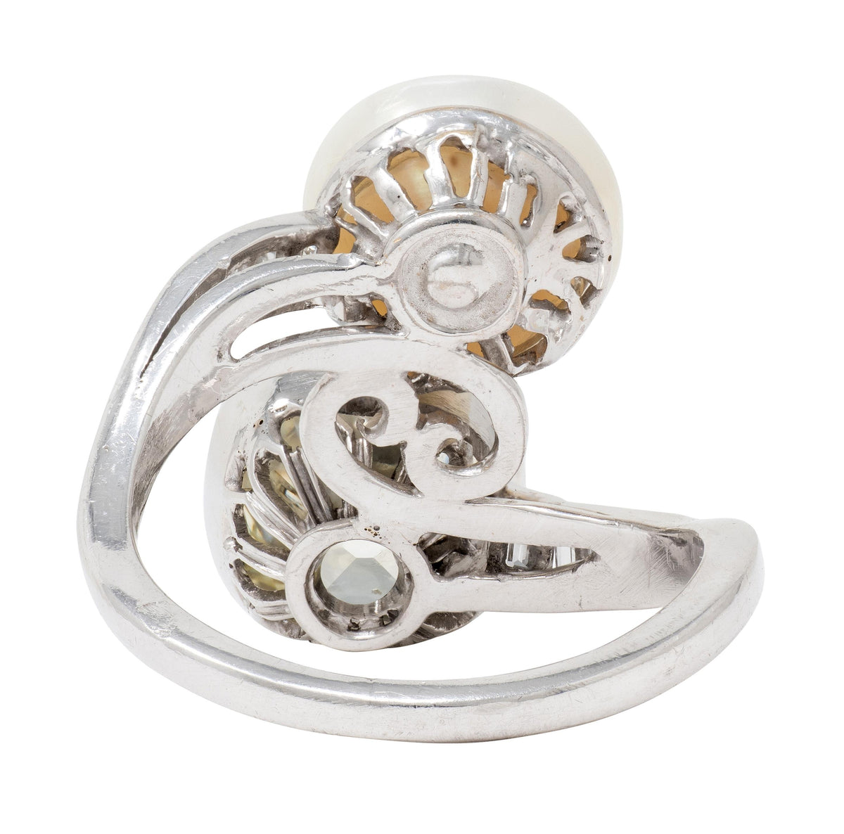 Mid-Century 3.52 CTW Diamond Natural Pearl Platinum Toi-Et-Moi Vintage Ring GIA