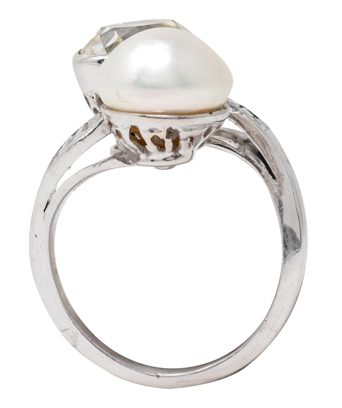 Mid-Century 3.52 CTW Diamond Natural Pearl Platinum Toi-Et-Moi Vintage Ring GIA