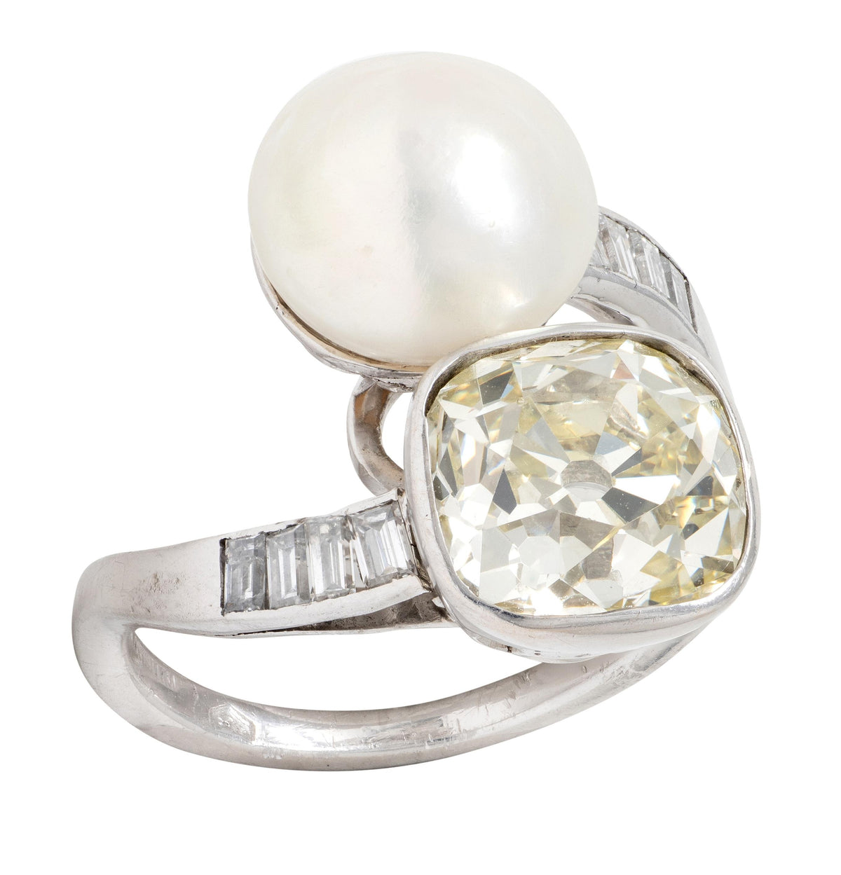 Mid-Century 3.52 CTW Diamond Natural Pearl Platinum Toi-Et-Moi Vintage Ring GIA