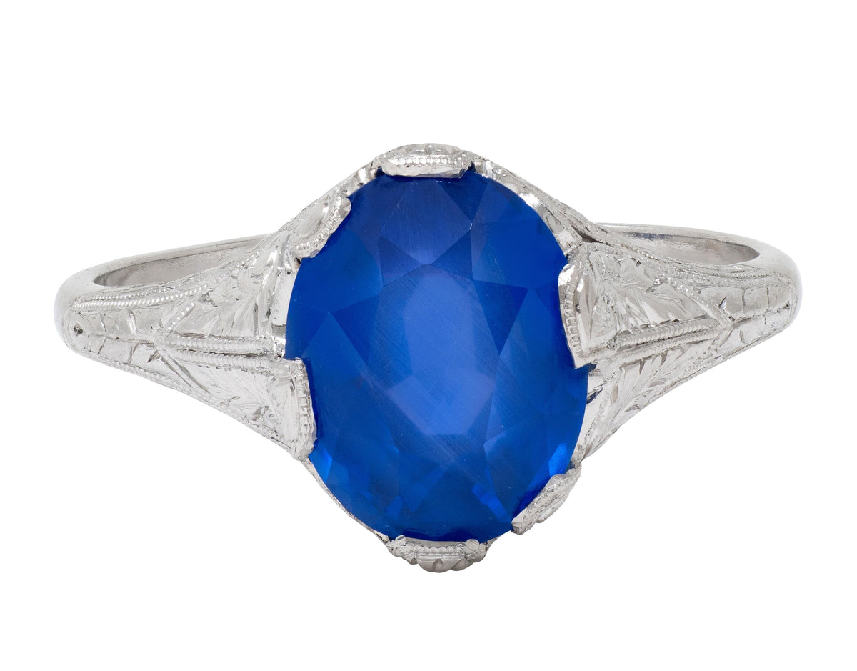 Art Deco 4.43 CTW No Heat Ceylon Sapphire Platinum Foliate Vintage Ring GIA