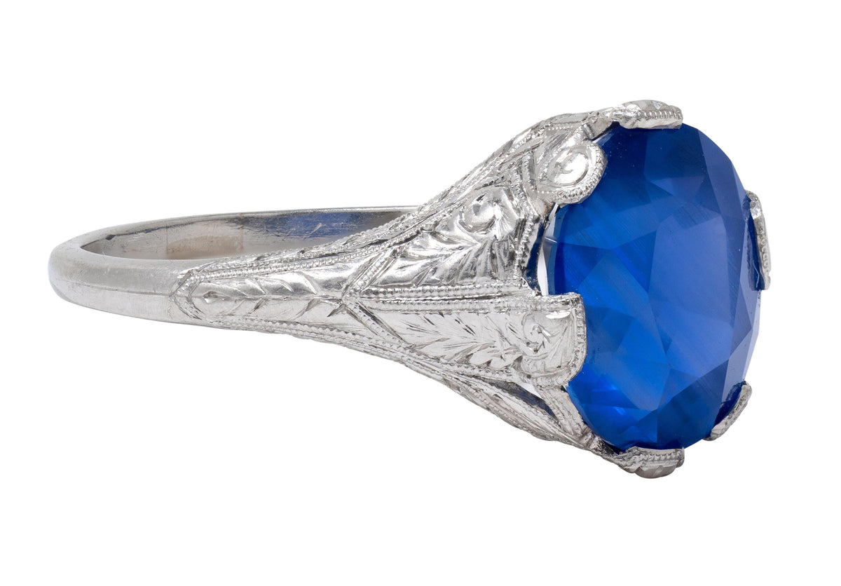 Art Deco 4.43 CTW No Heat Ceylon Sapphire Platinum Foliate Vintage Ring GIA