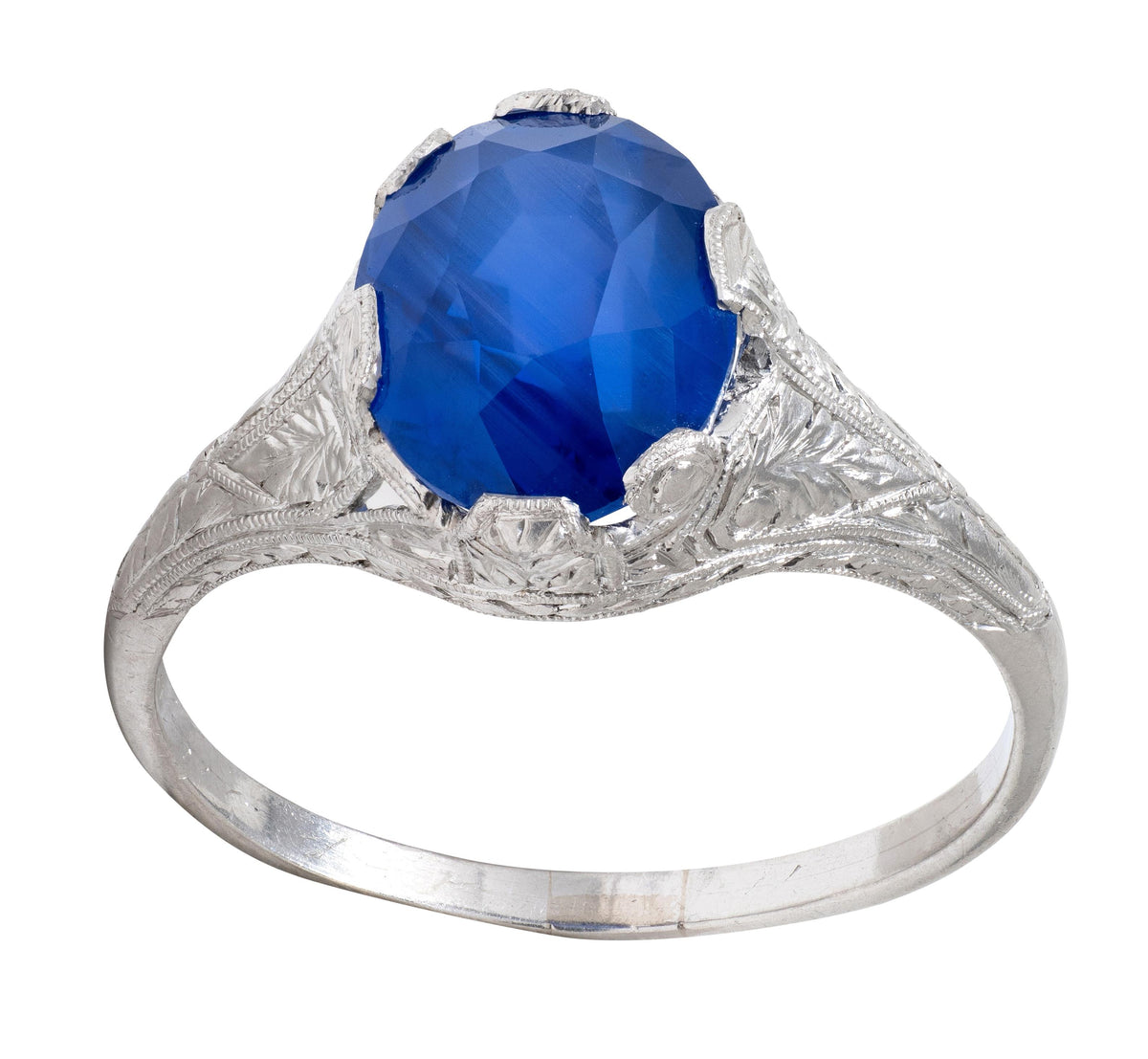 Art Deco 4.43 CTW No Heat Ceylon Sapphire Platinum Foliate Vintage Ring GIA