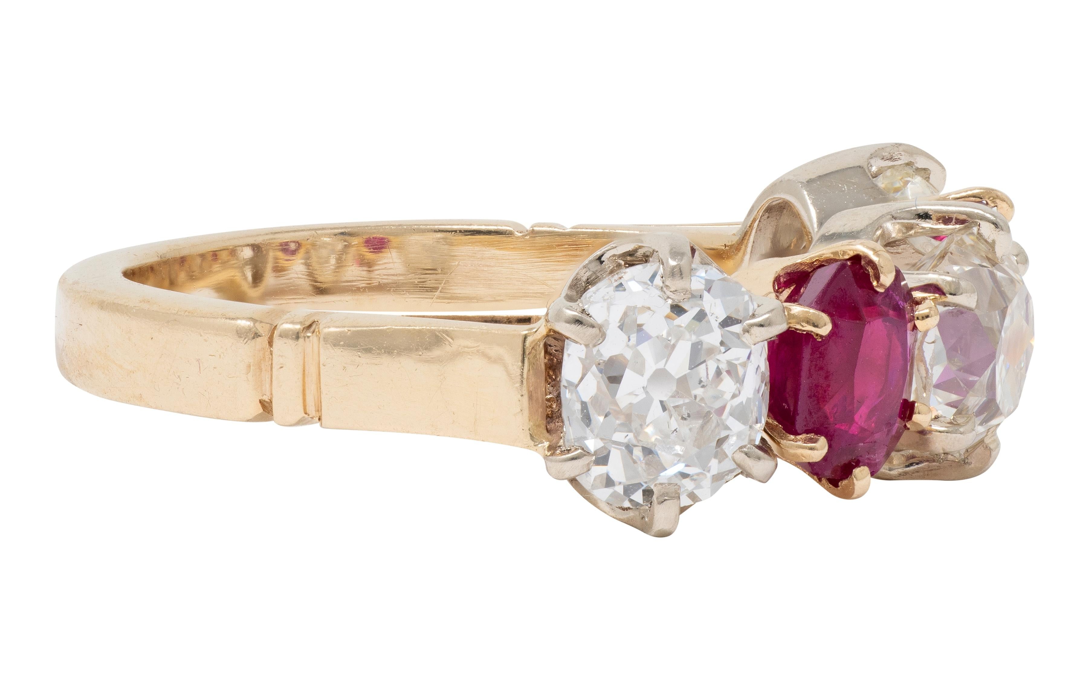 Victorian 3.62 CTW Ruby Old Mine Cut Diamond 14K Gold Antique Band Ring