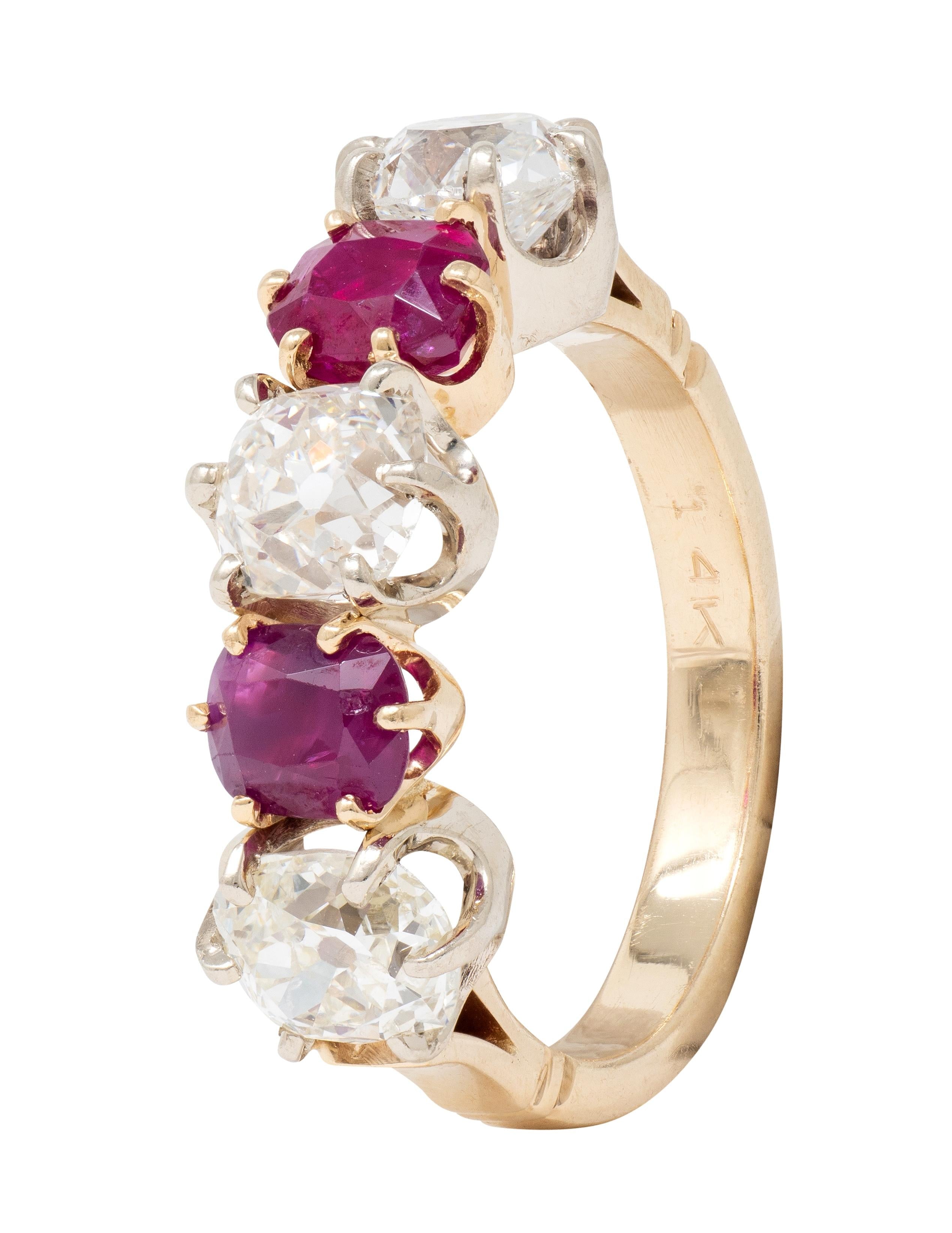 Victorian 3.62 CTW Ruby Old Mine Cut Diamond 14K Gold Antique Band Ring
