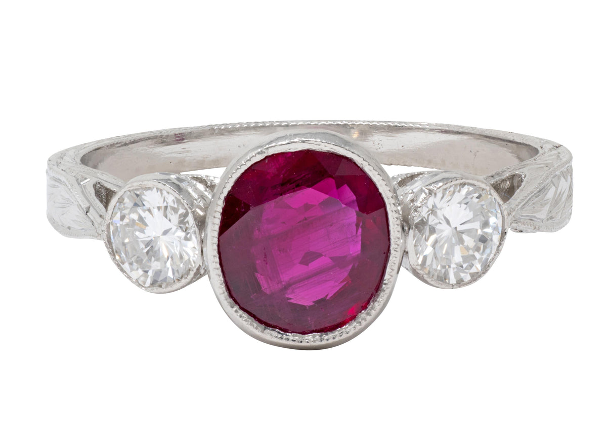 Contemporary 1.53 CTW Ruby Diamond Platinum Three Stone Ring