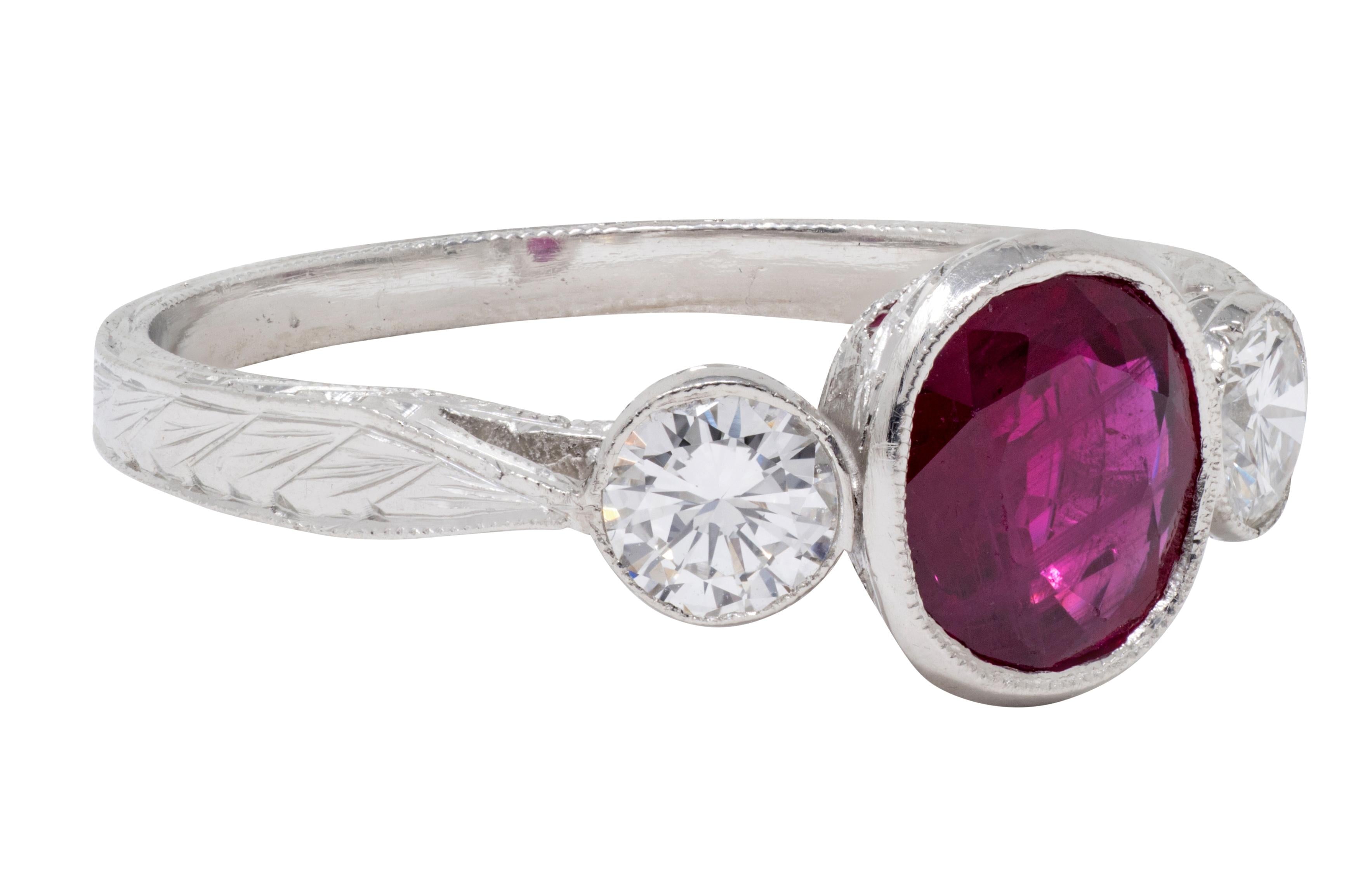 Contemporary 1.53 CTW Ruby Diamond Platinum Three Stone Ring