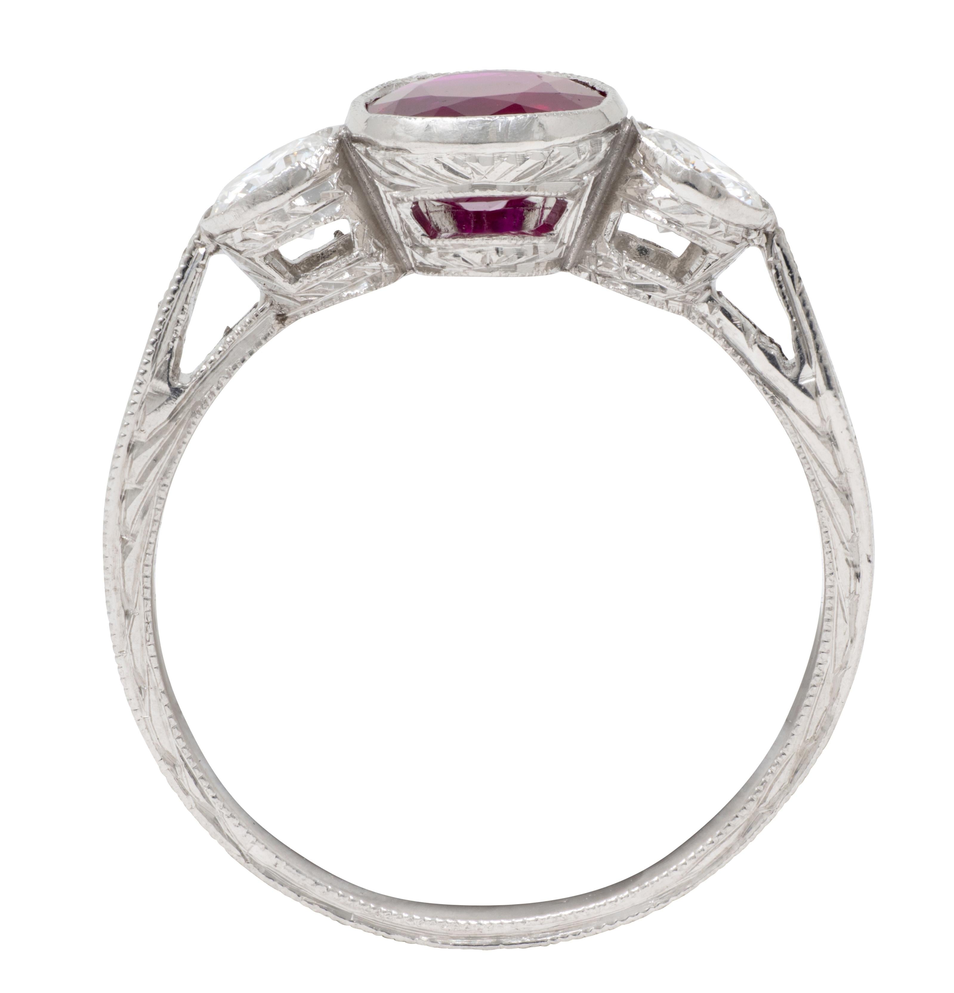 Contemporary 1.53 CTW Ruby Diamond Platinum Three Stone Ring