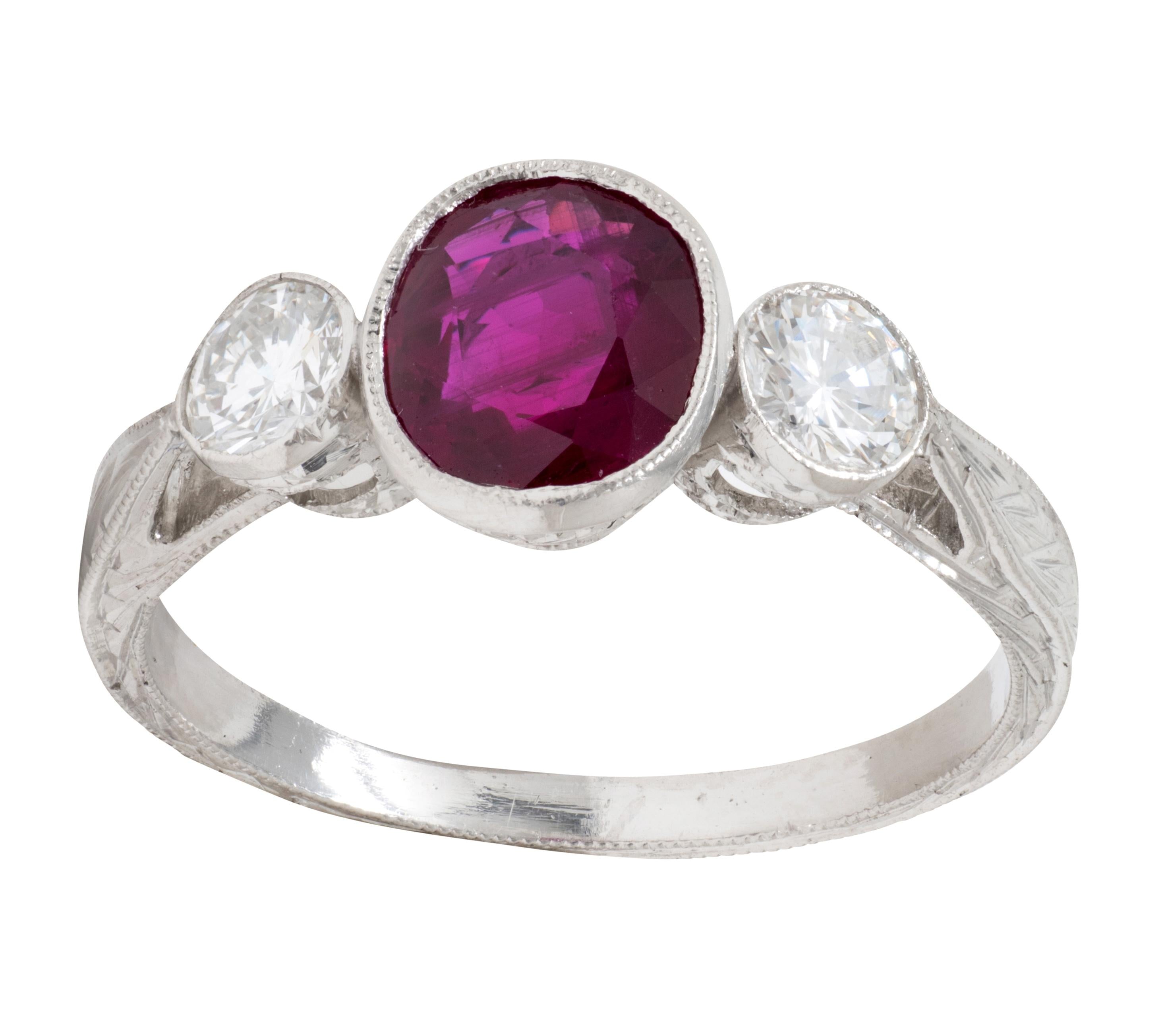 Contemporary 1.53 CTW Ruby Diamond Platinum Three Stone Ring