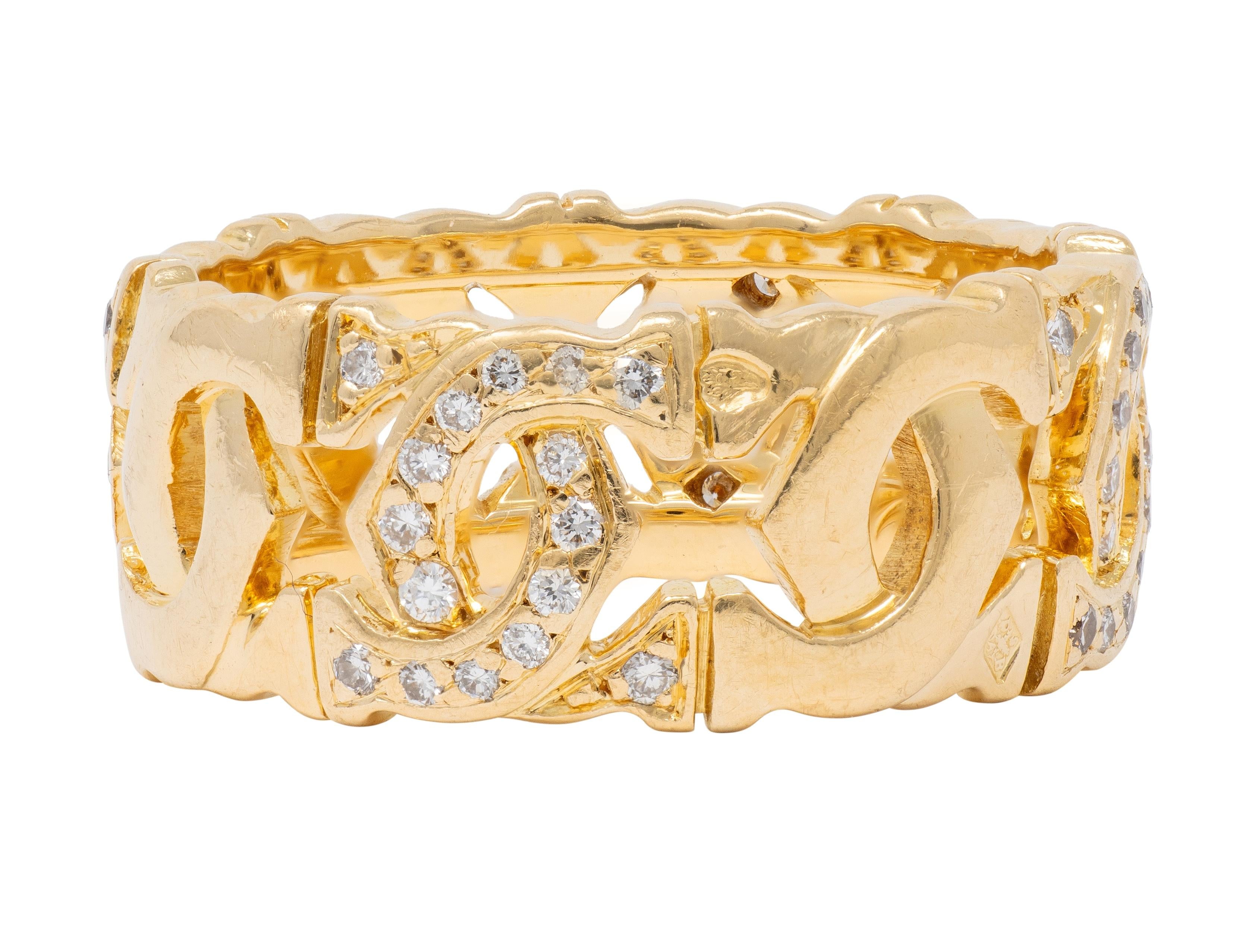 Cartier French Diamond 18K Yellow Gold Vintage Double C Entrelaces Band Ring