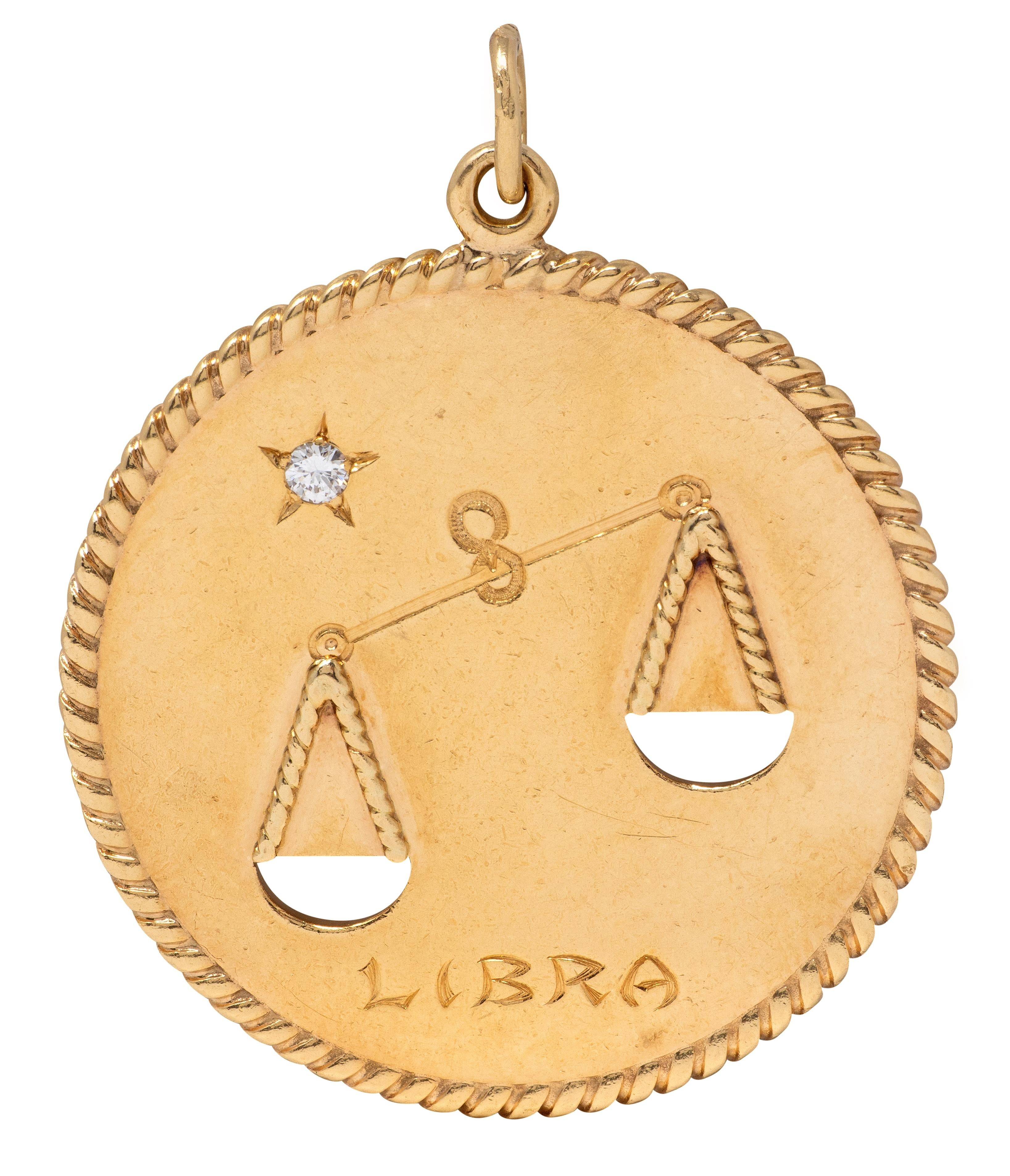 Cartier 1970's Diamond 14K Yellow Gold Vintage Libra Zodiac Medallion Pendant