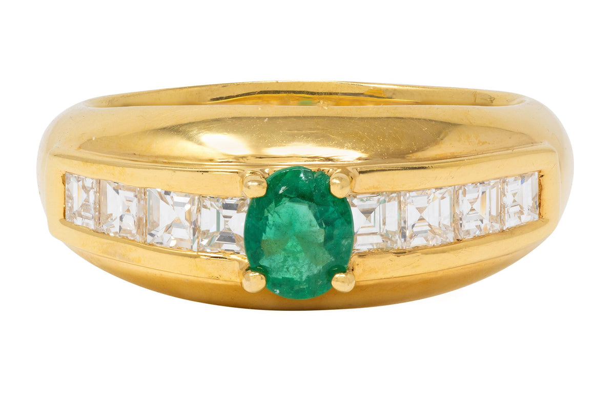 1980's Emerald Diamond 18 Karat Yellow Gold Vintage Gemstone Ring