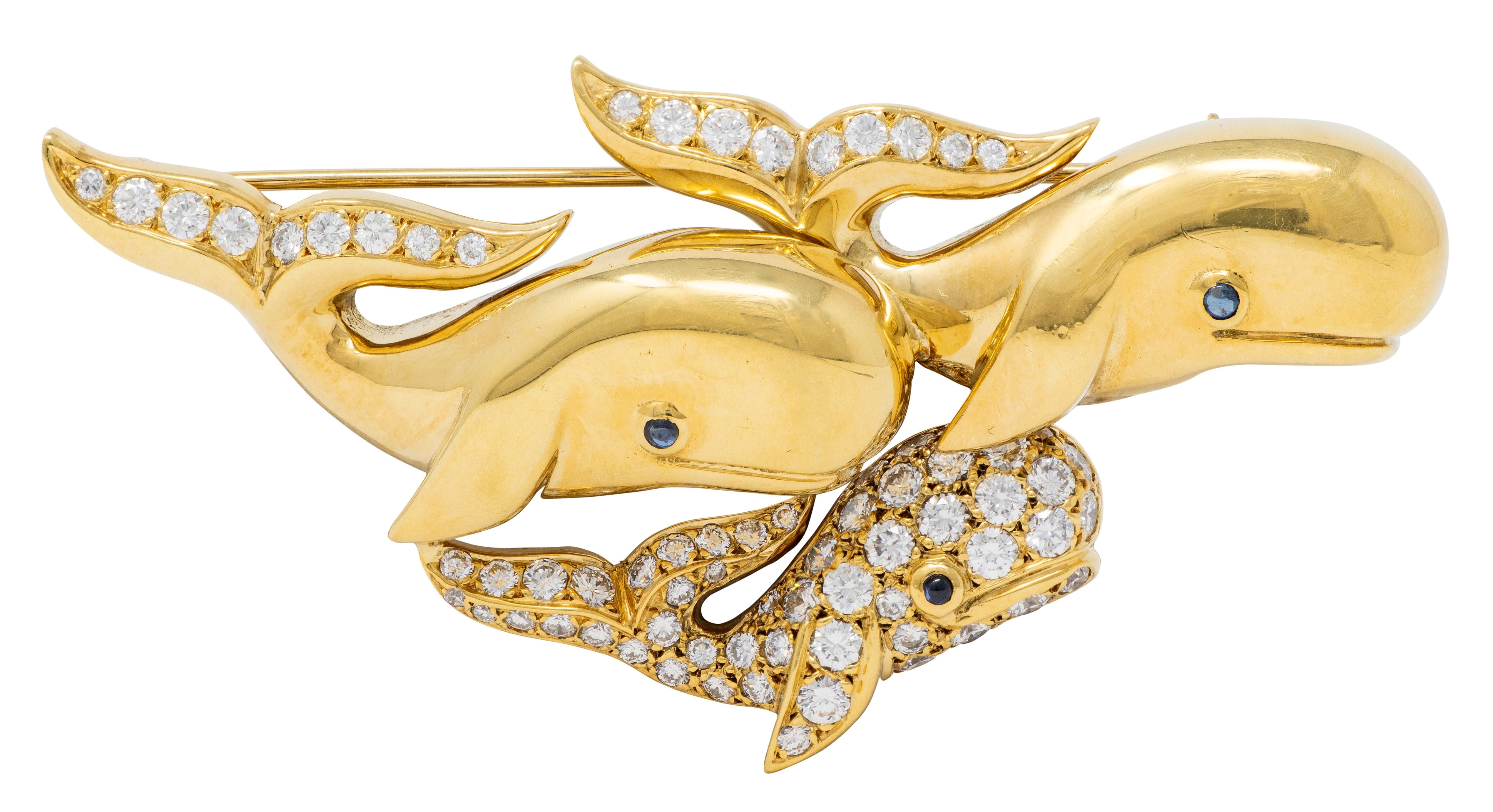 Gemlok 1990's Diamond Sapphire 18 Karat Yellow Gold Whale Pod Vintage Brooch