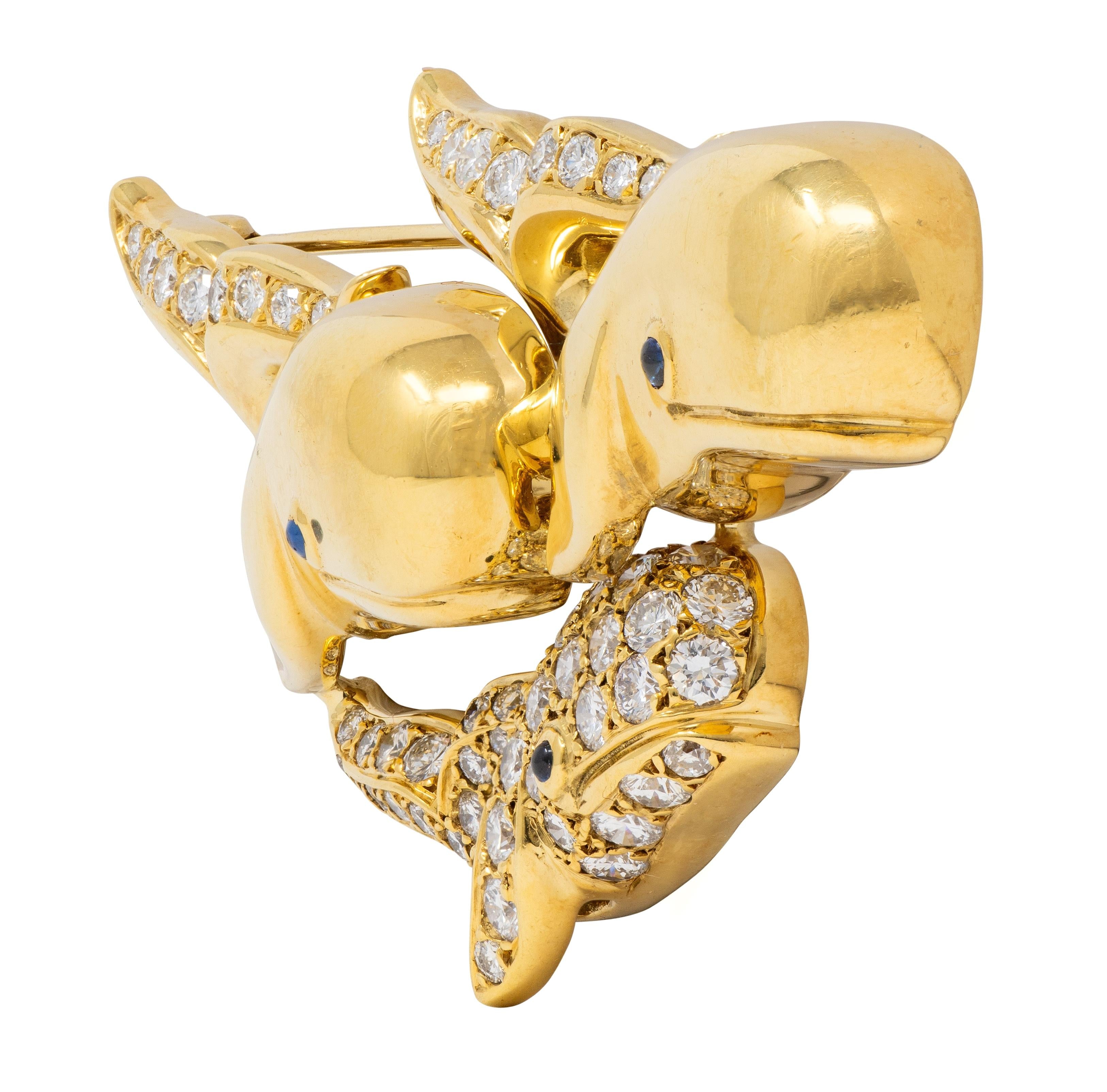 Gemlok 1990's Diamond Sapphire 18 Karat Yellow Gold Whale Pod Vintage Brooch
