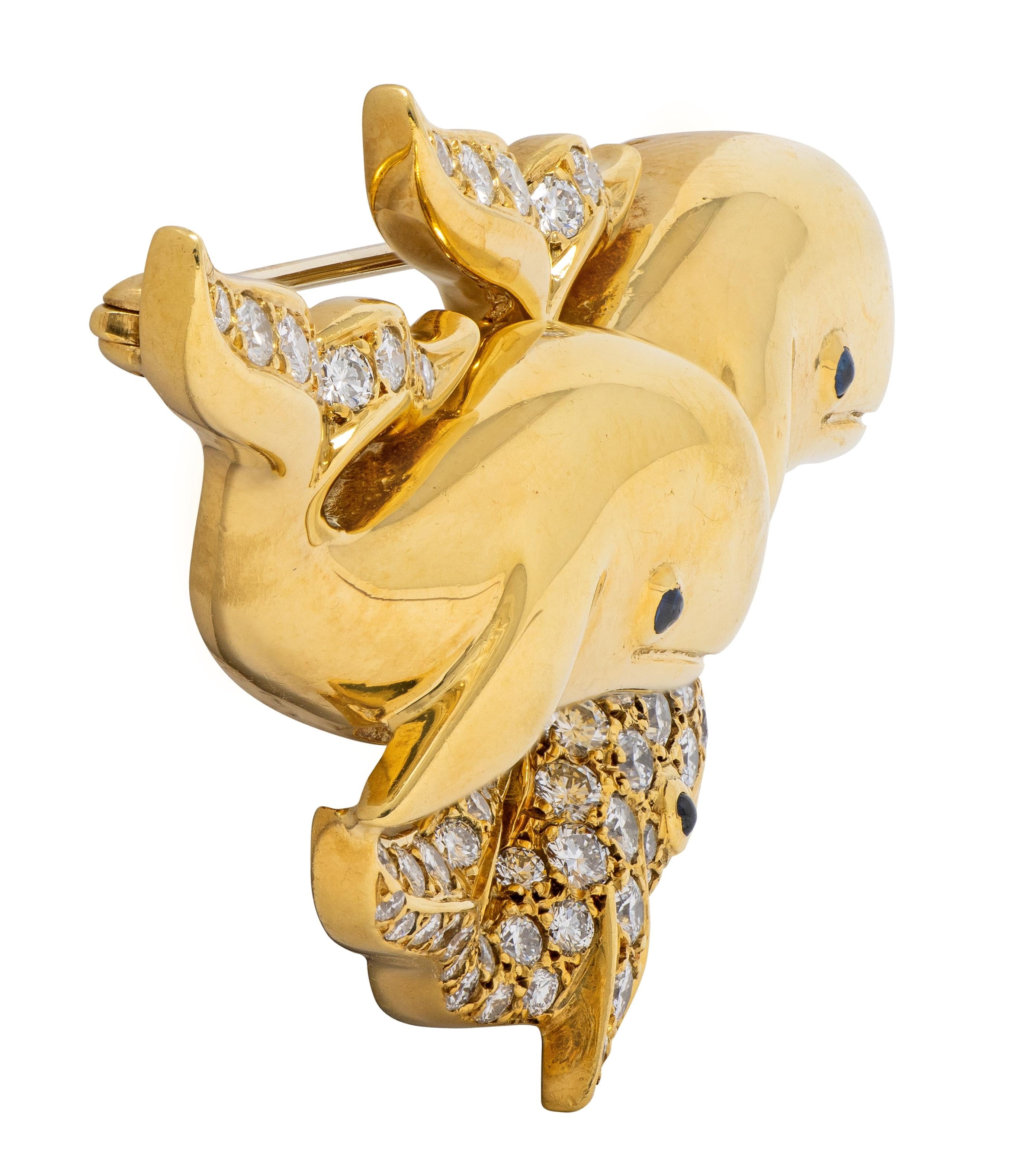 Gemlok 1990's Diamond Sapphire 18 Karat Yellow Gold Whale Pod Vintage Brooch