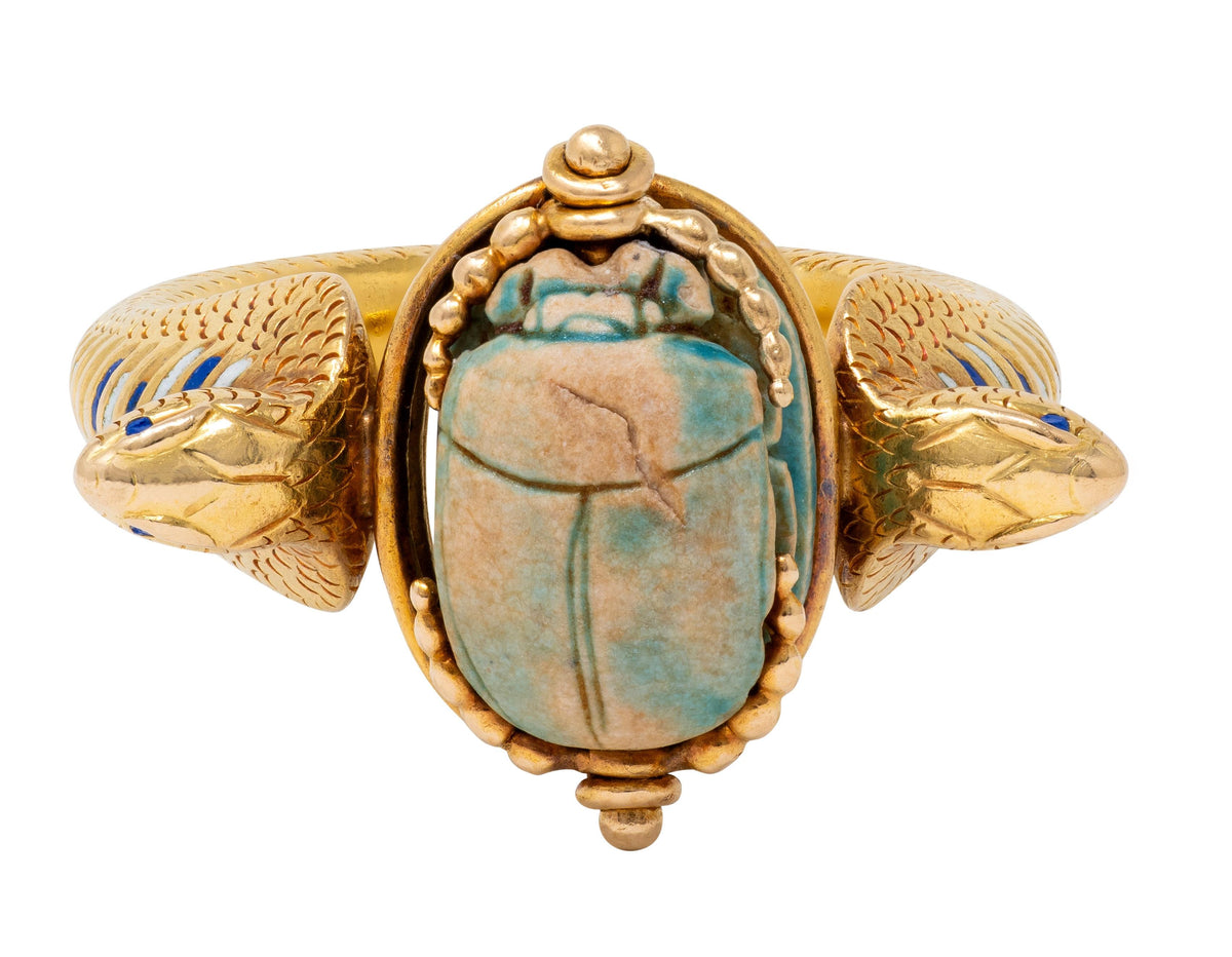 Early Art Deco Egyptian Revival Hardstone Enamel 18K Antique Scarab Snake Ring