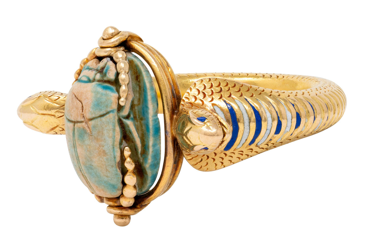 Early Art Deco Egyptian Revival Hardstone Enamel 18K Antique Scarab Snake Ring