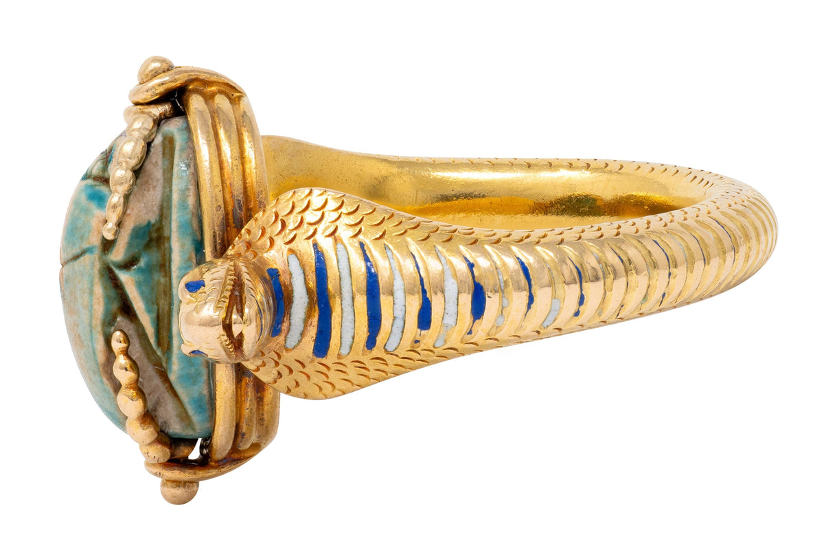 Early Art Deco Egyptian Revival Hardstone Enamel 18K Antique Scarab Snake Ring