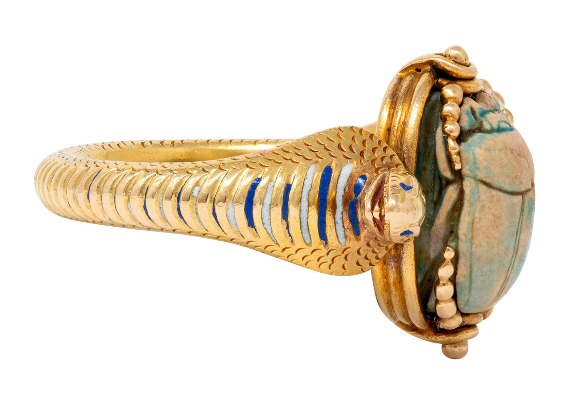 Early Art Deco Egyptian Revival Hardstone Enamel 18K Antique Scarab Snake Ring