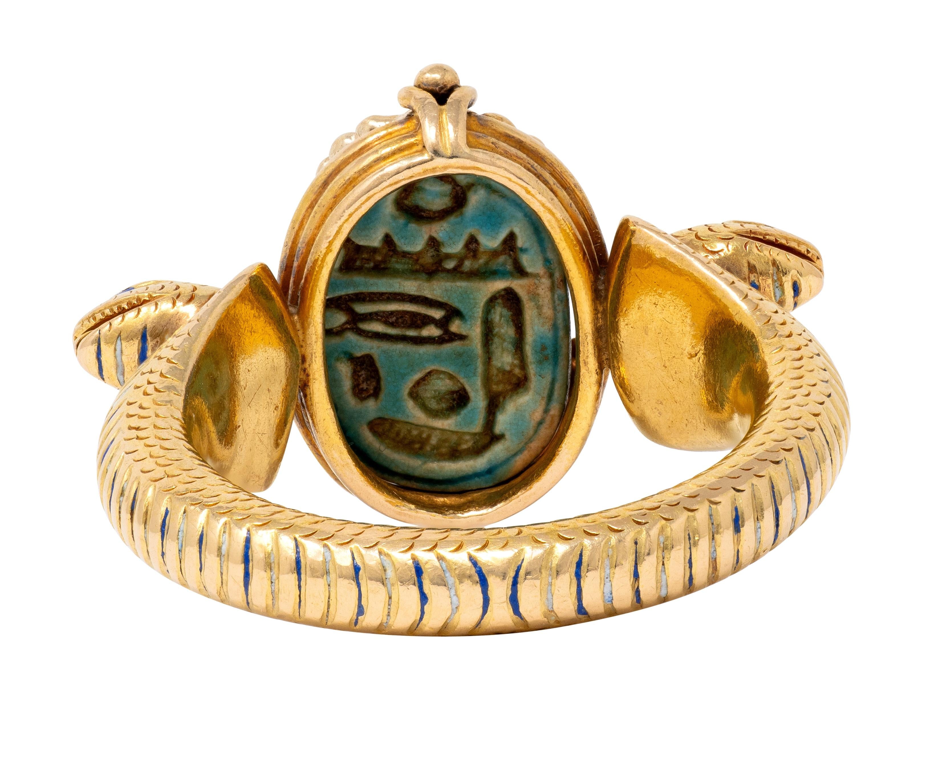 Early Art Deco Egyptian Revival Hardstone Enamel 18K Antique Scarab Snake Ring