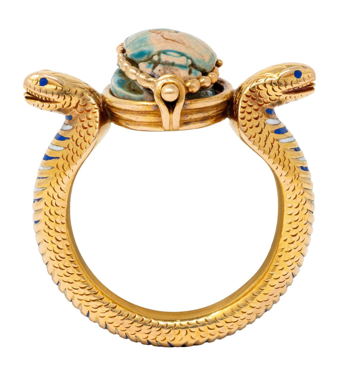 Early Art Deco Egyptian Revival Hardstone Enamel 18K Antique Scarab Snake Ring