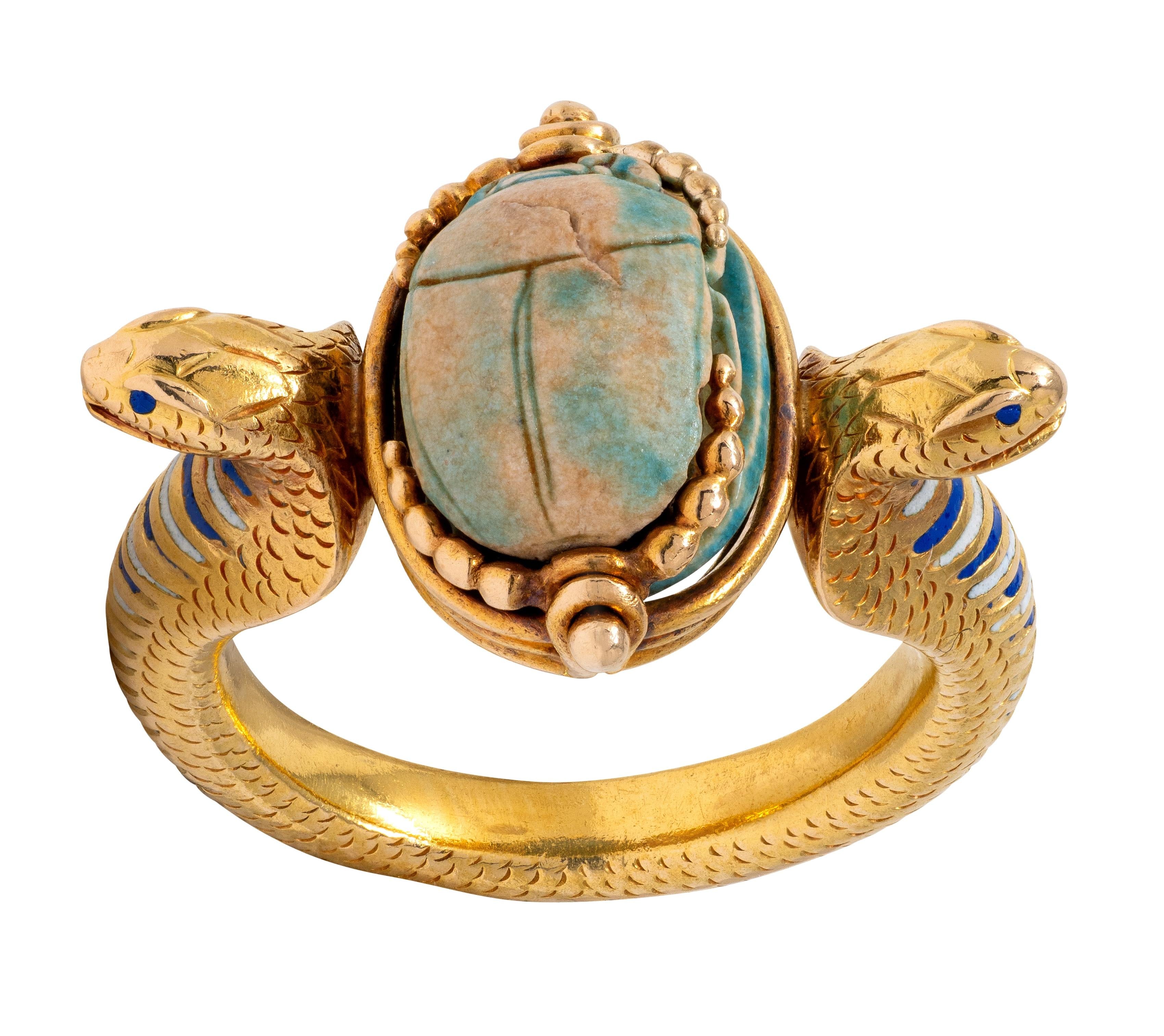 Early Art Deco Egyptian Revival Hardstone Enamel 18K Antique Scarab Snake Ring