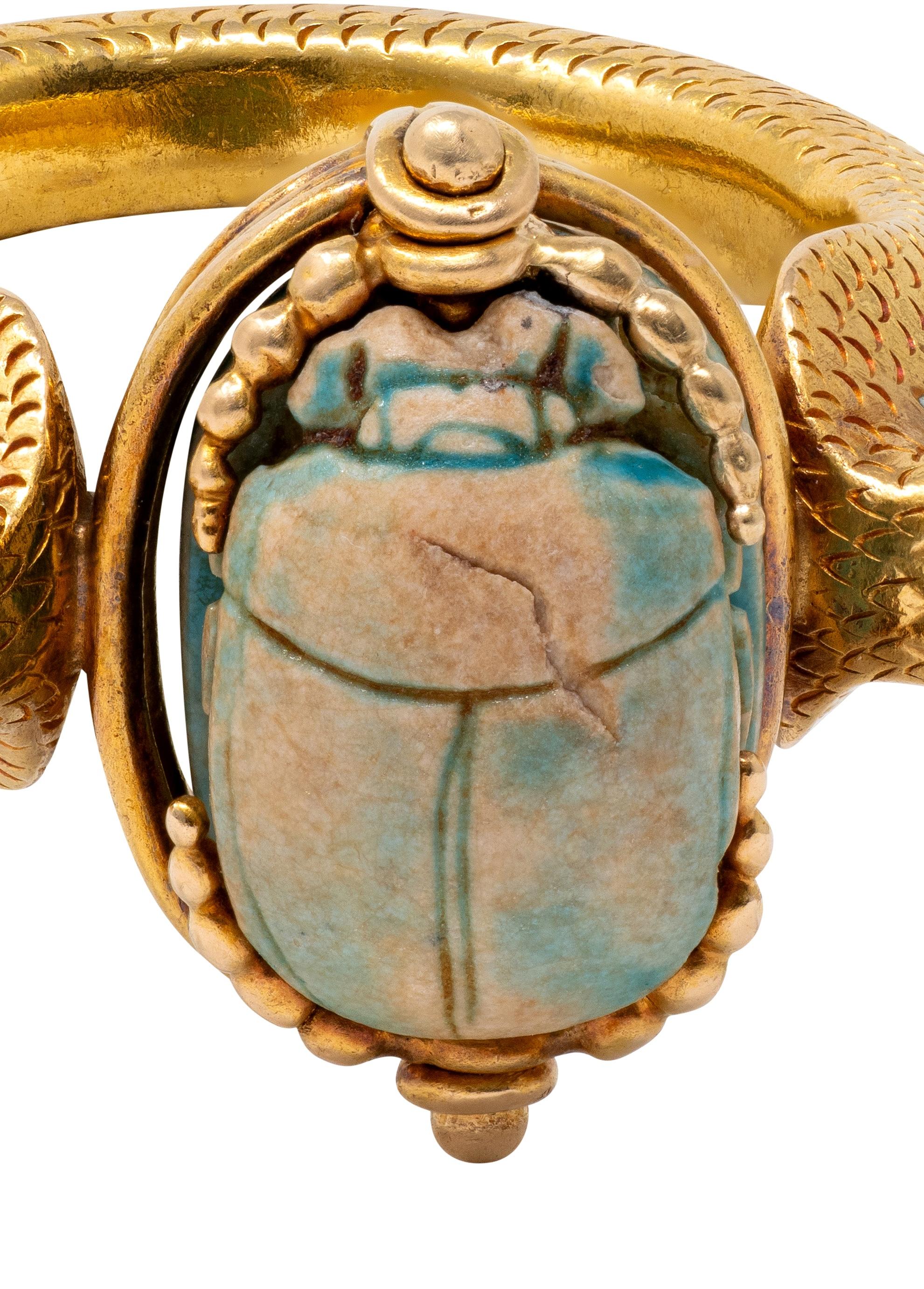Early Art Deco Egyptian Revival Hardstone Enamel 18K Antique Scarab Snake Ring