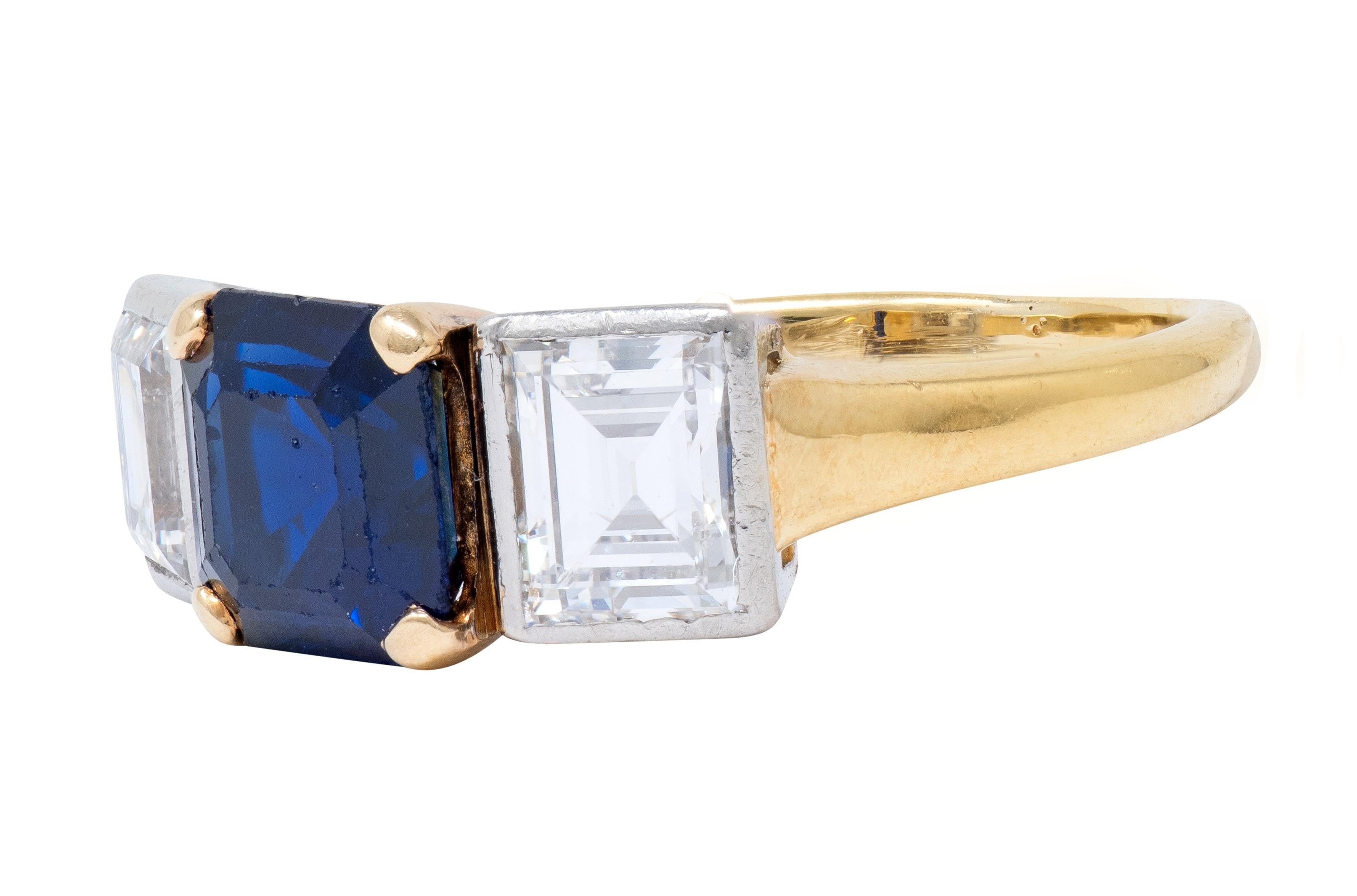 Mid-Century 2.93 CTW No Heat Sapphire Diamond Platinum 14K Gold Vintage Ring GIA