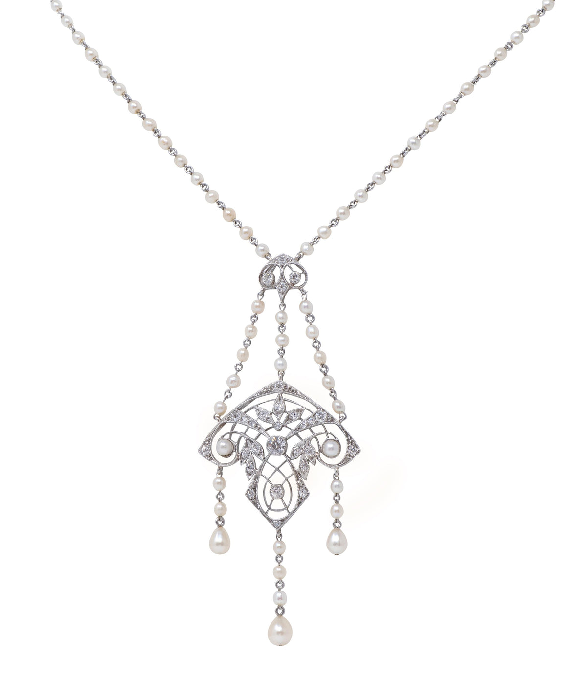Tiffany & Co. Edwardian Diamond Pearl Platinum Antique Fringe Lavalier Necklace