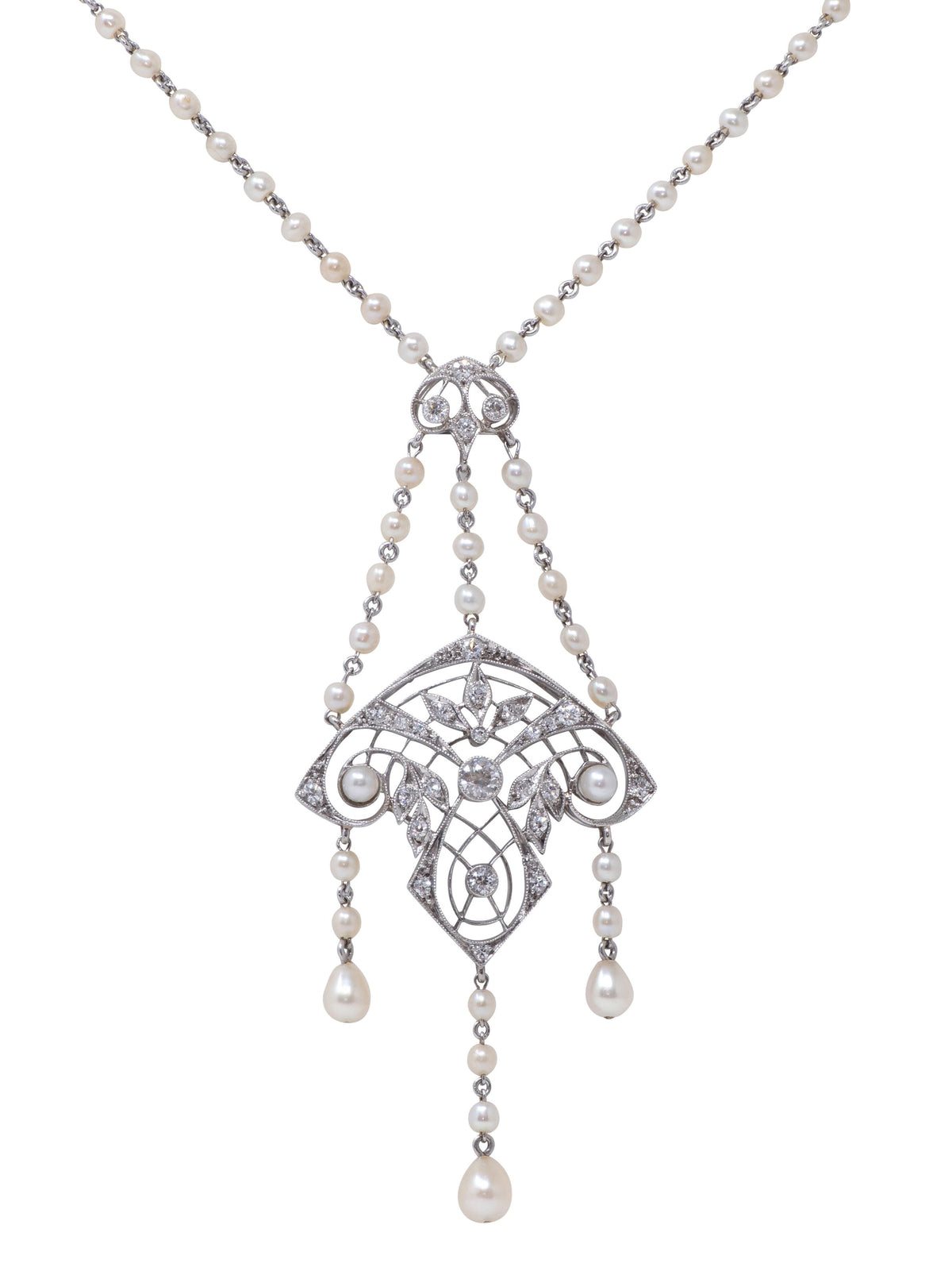 Tiffany & Co. Edwardian Diamond Pearl Platinum Antique Fringe Lavalier Necklace