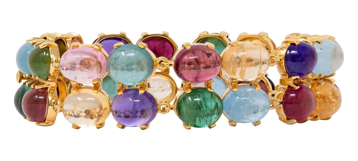 2000's Multi-Gem 14 Karat Yellow Gold Vintage Cabochon Link Bracelet