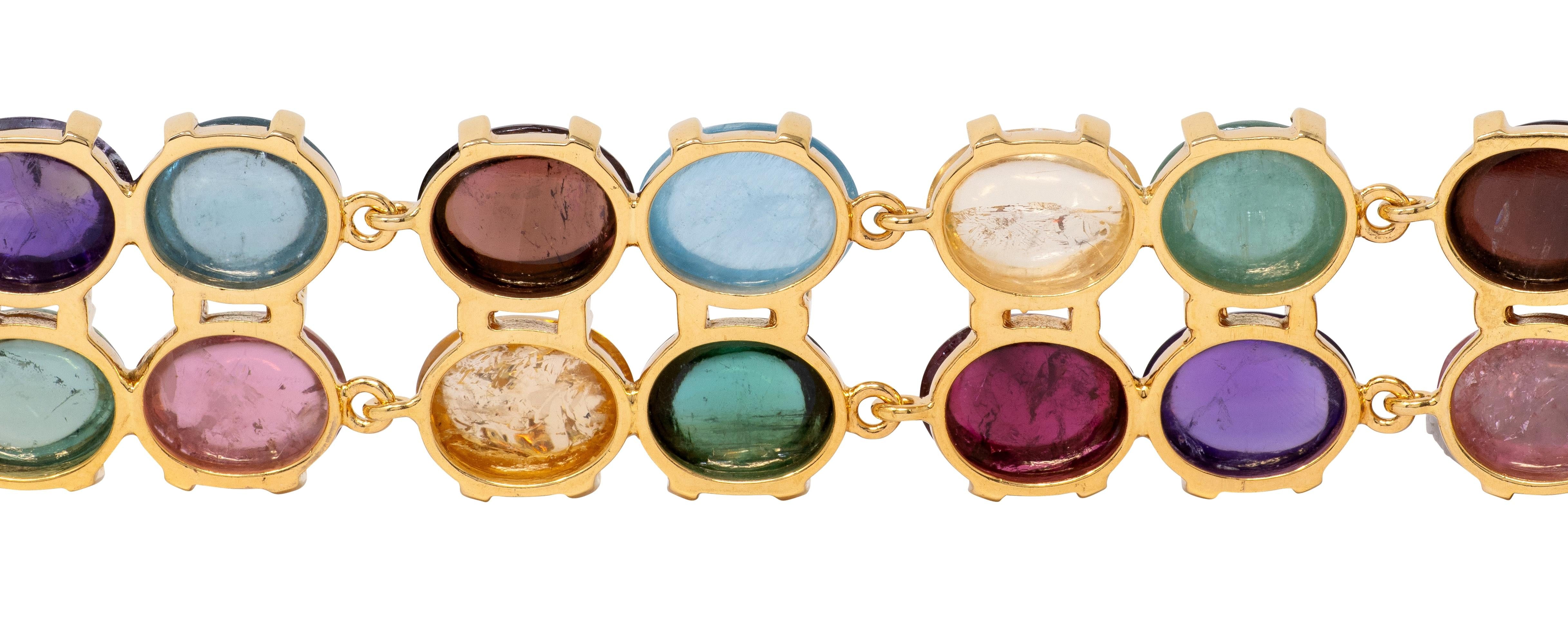 2000's Multi-Gem 14 Karat Yellow Gold Vintage Cabochon Link Bracelet