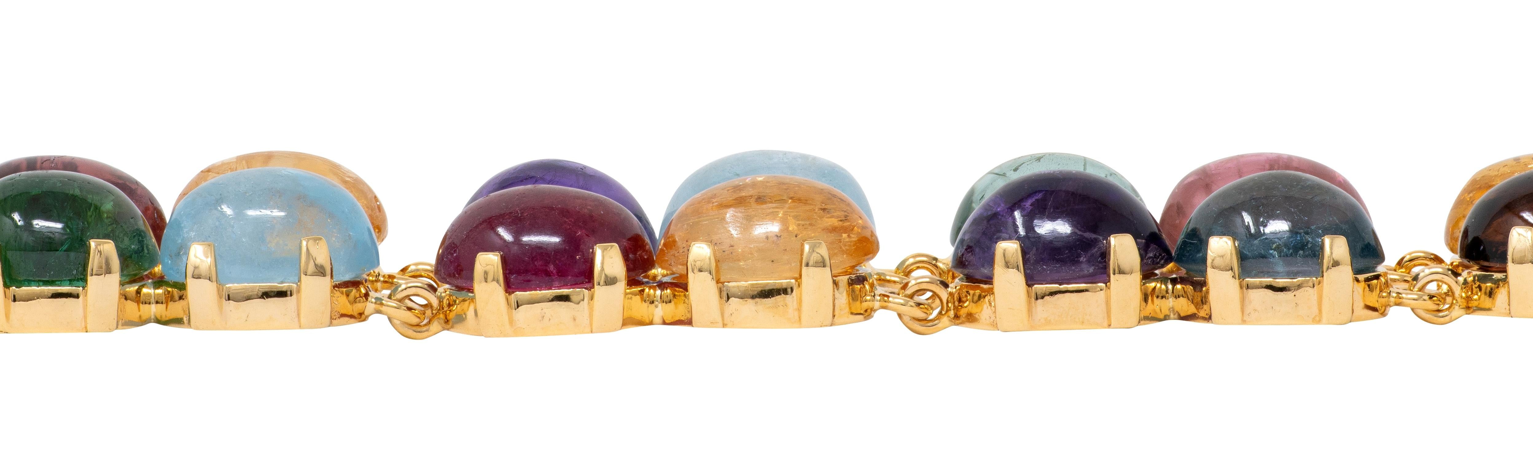 2000's Multi-Gem 14 Karat Yellow Gold Vintage Cabochon Link Bracelet