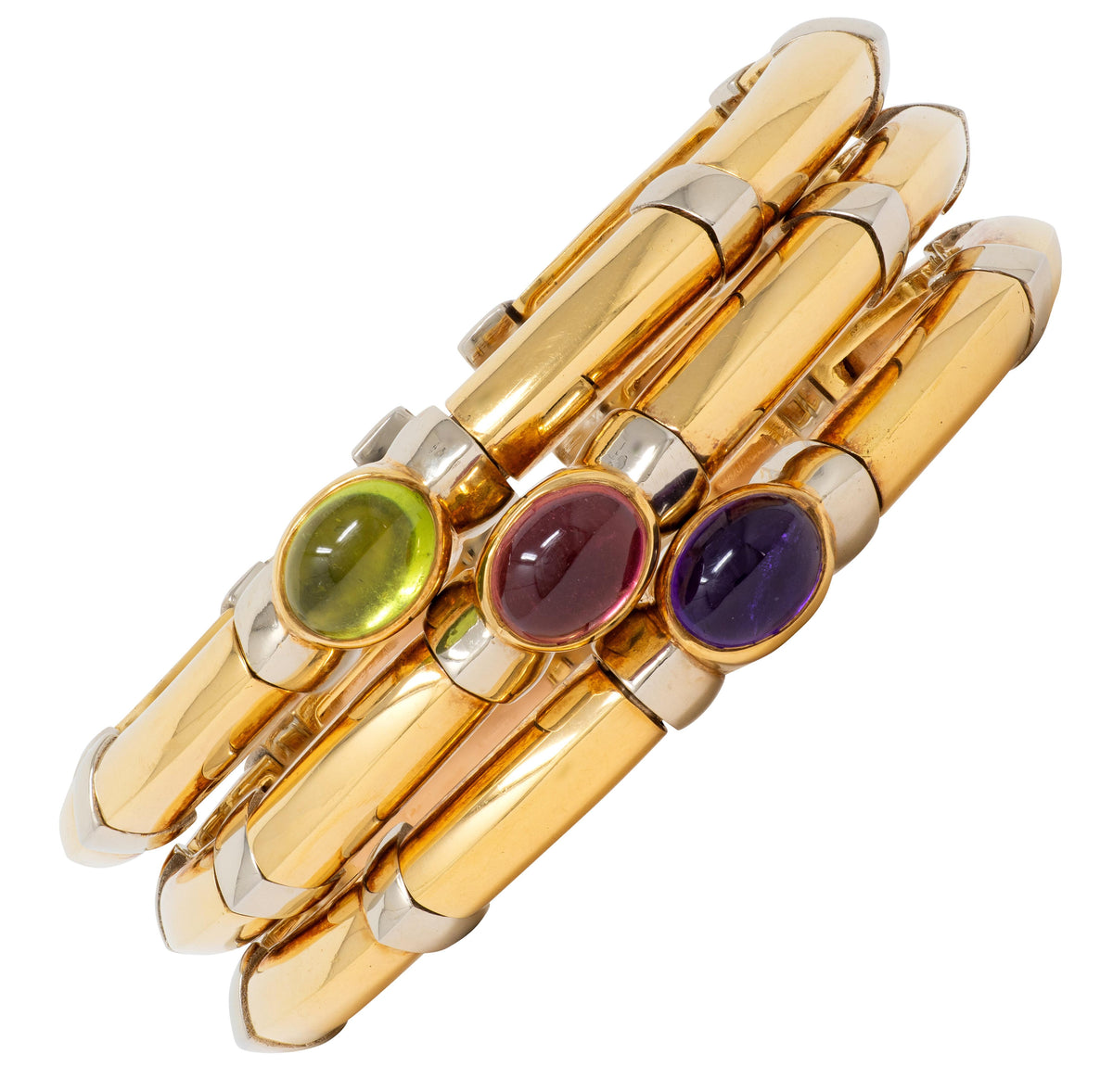 Bulgari 1970's Multi-Gem 18 Karat Gold Vintage Stacked Tri-Strand Cuff Bracelet