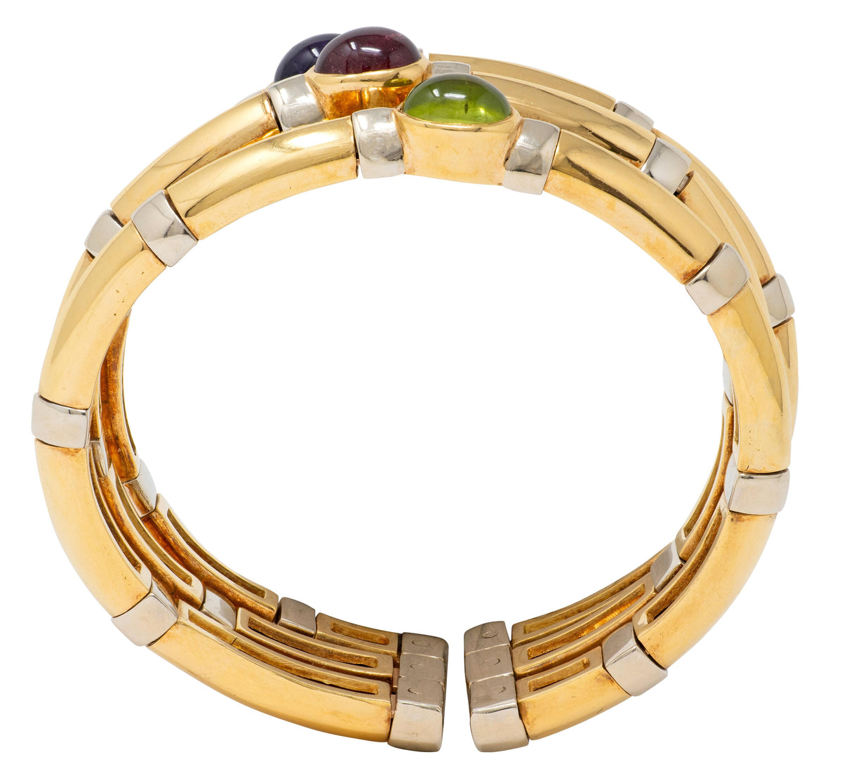 Bulgari 1970's Multi-Gem 18 Karat Gold Vintage Stacked Tri-Strand Cuff Bracelet