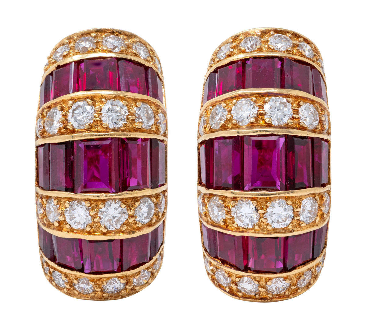 Oscar Heyman 1980's Ruby Diamond 18K Gold Vintage J-Hoop Ear-Clip Earrings