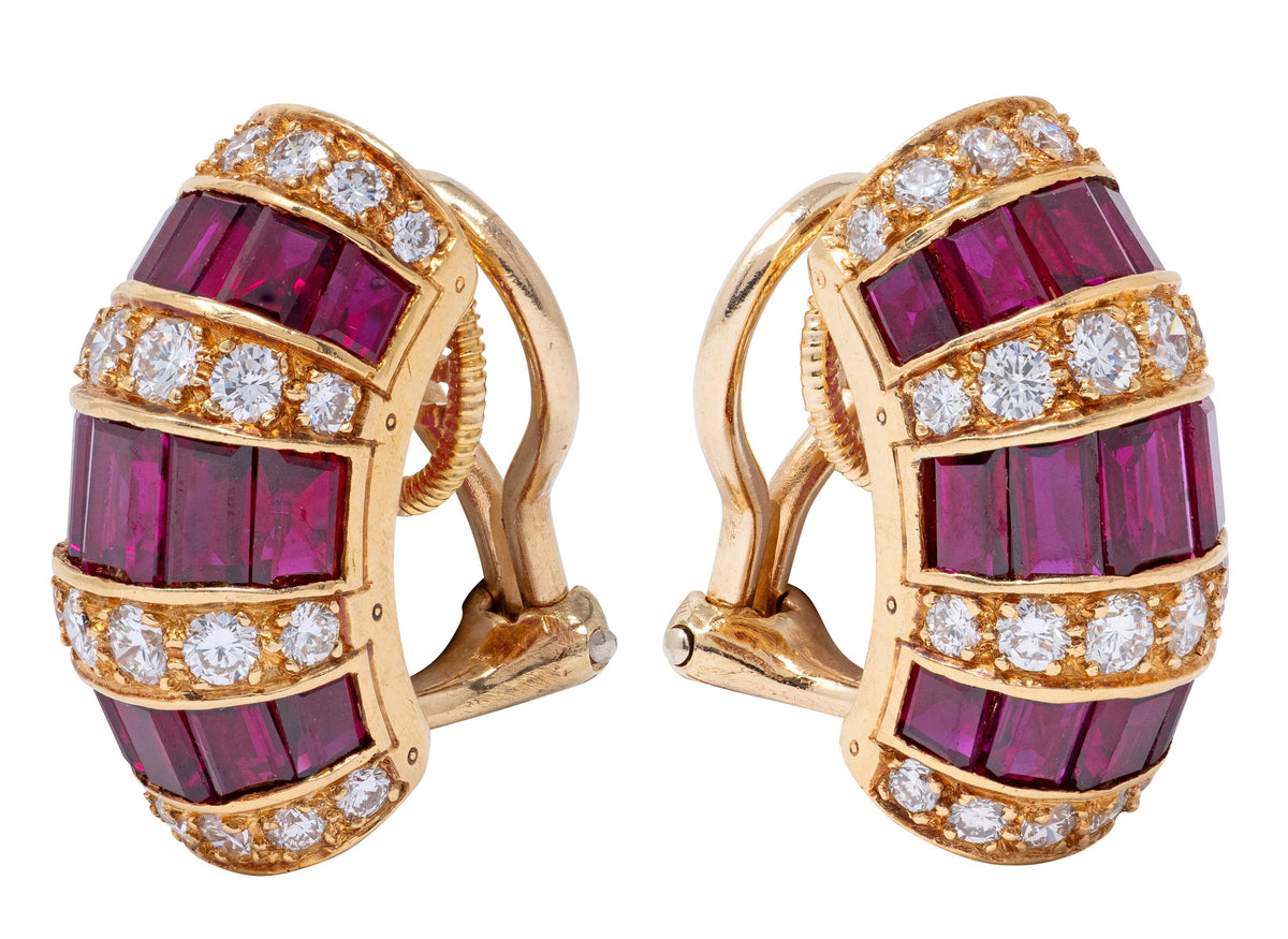 Oscar Heyman 1980's Ruby Diamond 18K Gold Vintage J-Hoop Ear-Clip Earrings