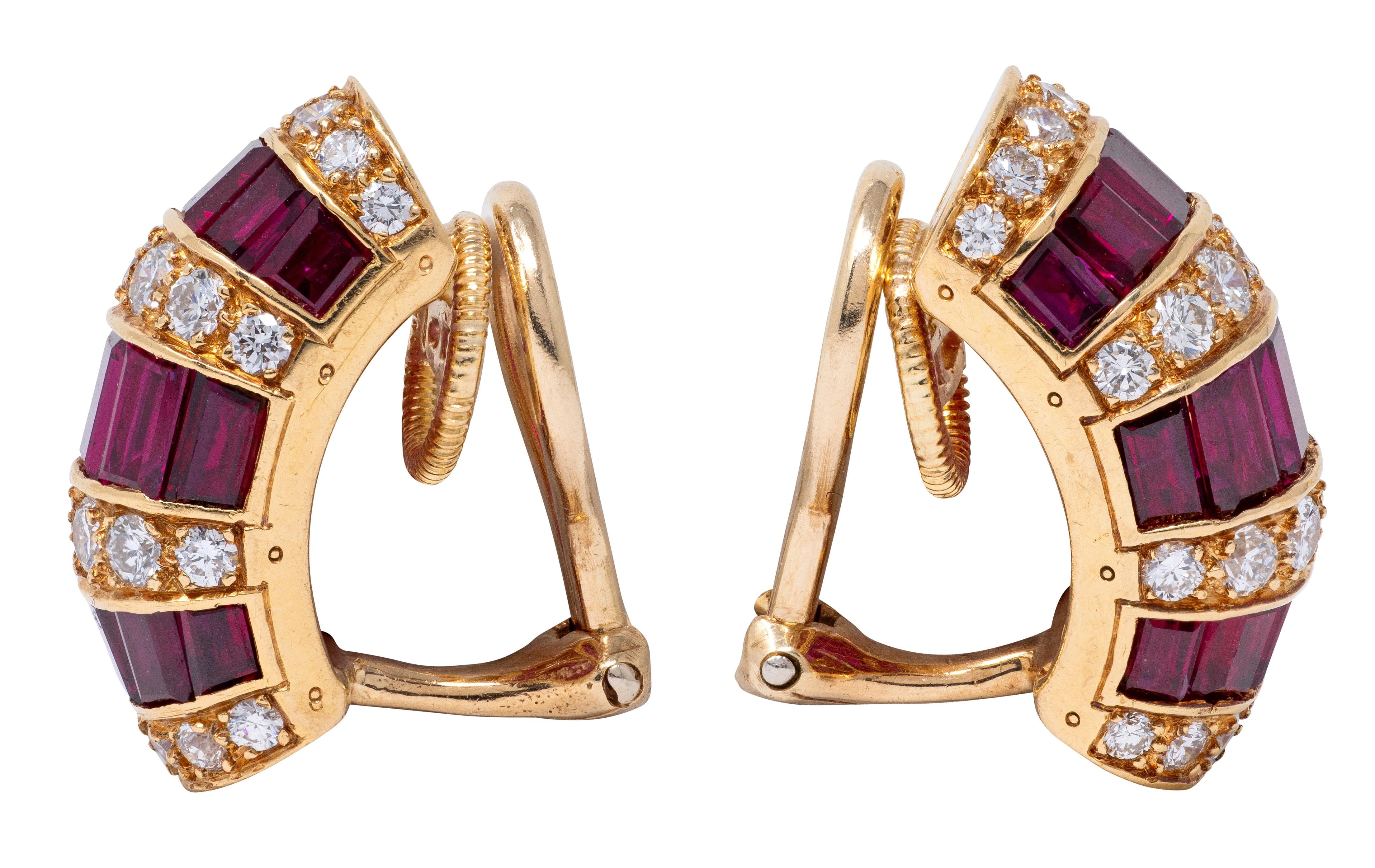Oscar Heyman 1980's Ruby Diamond 18K Gold Vintage J-Hoop Ear-Clip Earrings