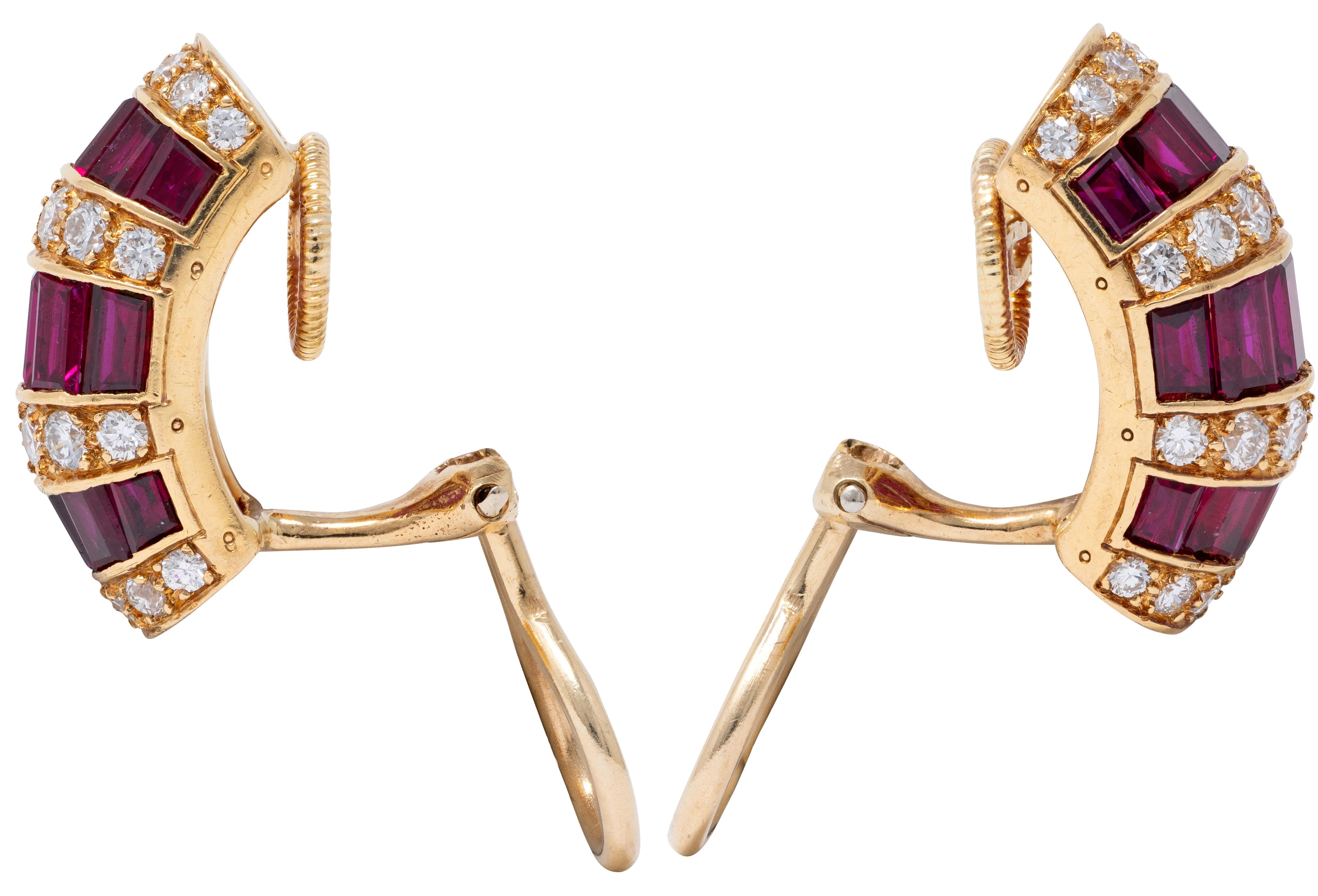 Oscar Heyman 1980's Ruby Diamond 18K Gold Vintage J-Hoop Ear-Clip Earrings