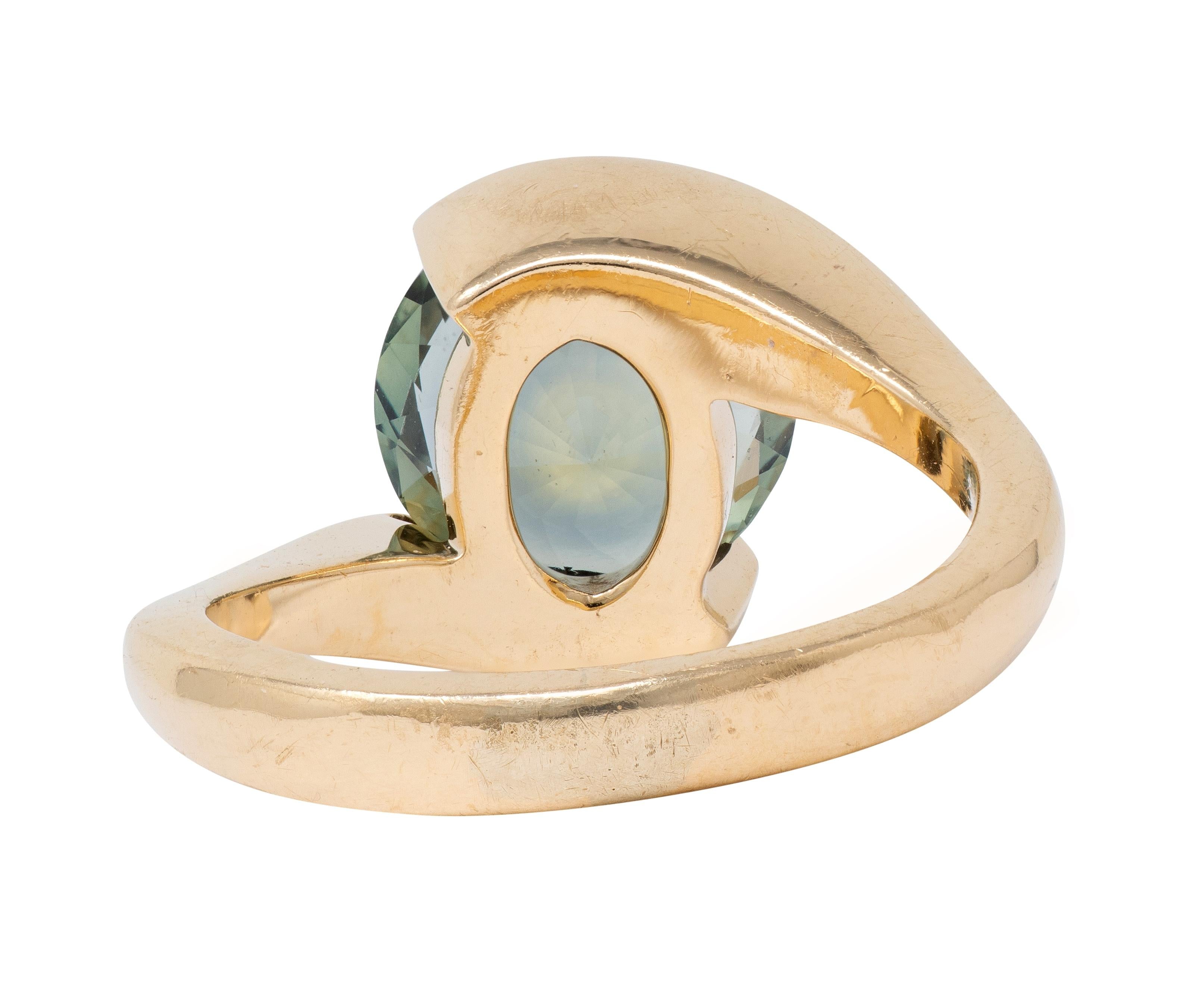 2000's 3.01 CT No Heat Montana Green Sapphire 14K Yellow Gold Bypass Ring GIA