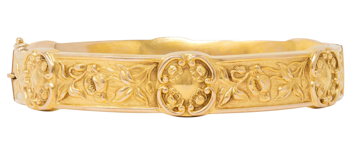 Art Nouveau Diamond 14 Karat Yellow Gold Antique Poppy Station Bangle Bracelet