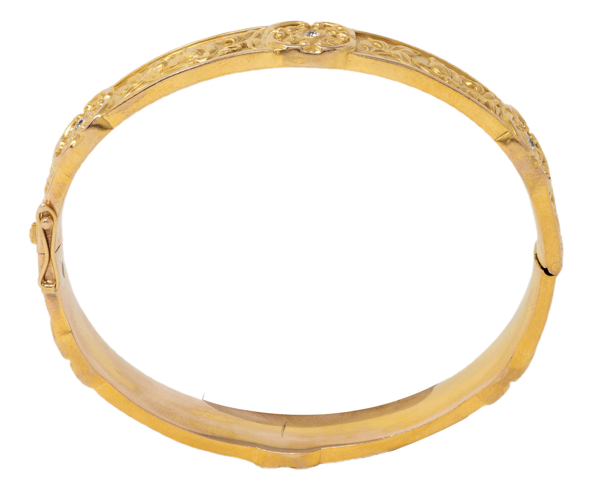 Art Nouveau Diamond 14 Karat Yellow Gold Antique Poppy Station Bangle Bracelet