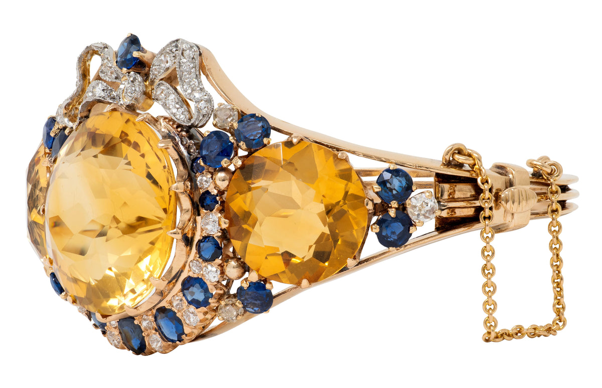 Edwardian Citrine Sapphire Diamond Platinum 14K Gold Antique Bow Bangle Bracelet